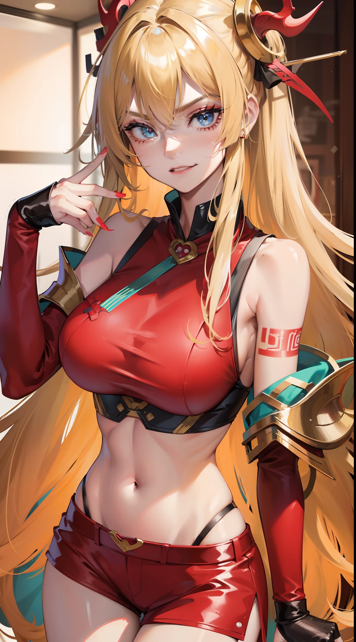 young girl, longue blonde hair, Hairpin with a bundle, turquoise eyes, Yakuza tattoos, red tight uniform, Sleeveless, Wide neckline on the chest to the abdomen, Gold Elements, Red gold armor, Shorts, claws, smirk, Masterpiece, hiquality, 4k, HD, Good detail
