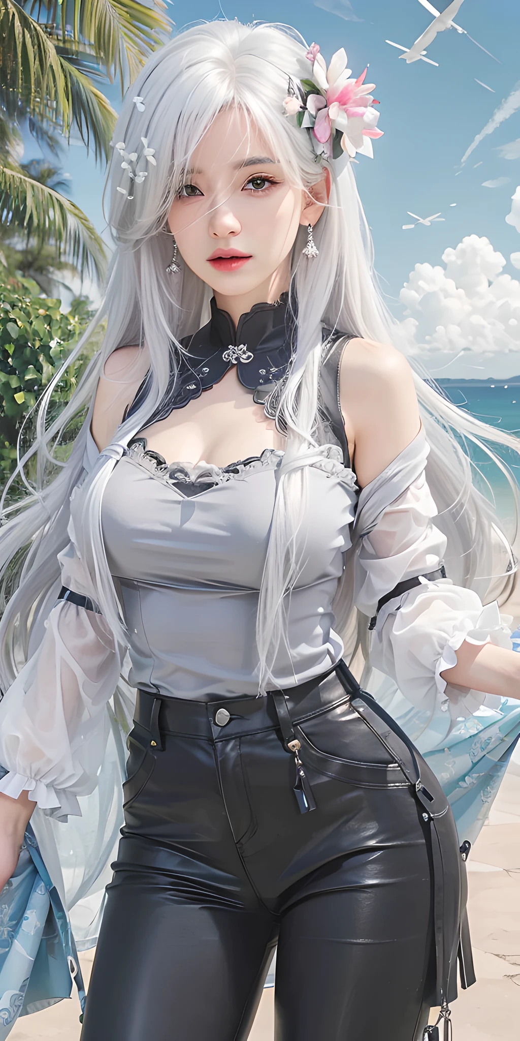 photorealistic, high resolution, 1women, shining skin, solo, jewelry, pink lips, long white hair, blue eyes, closed mouth, hips up, black fur coat, dress