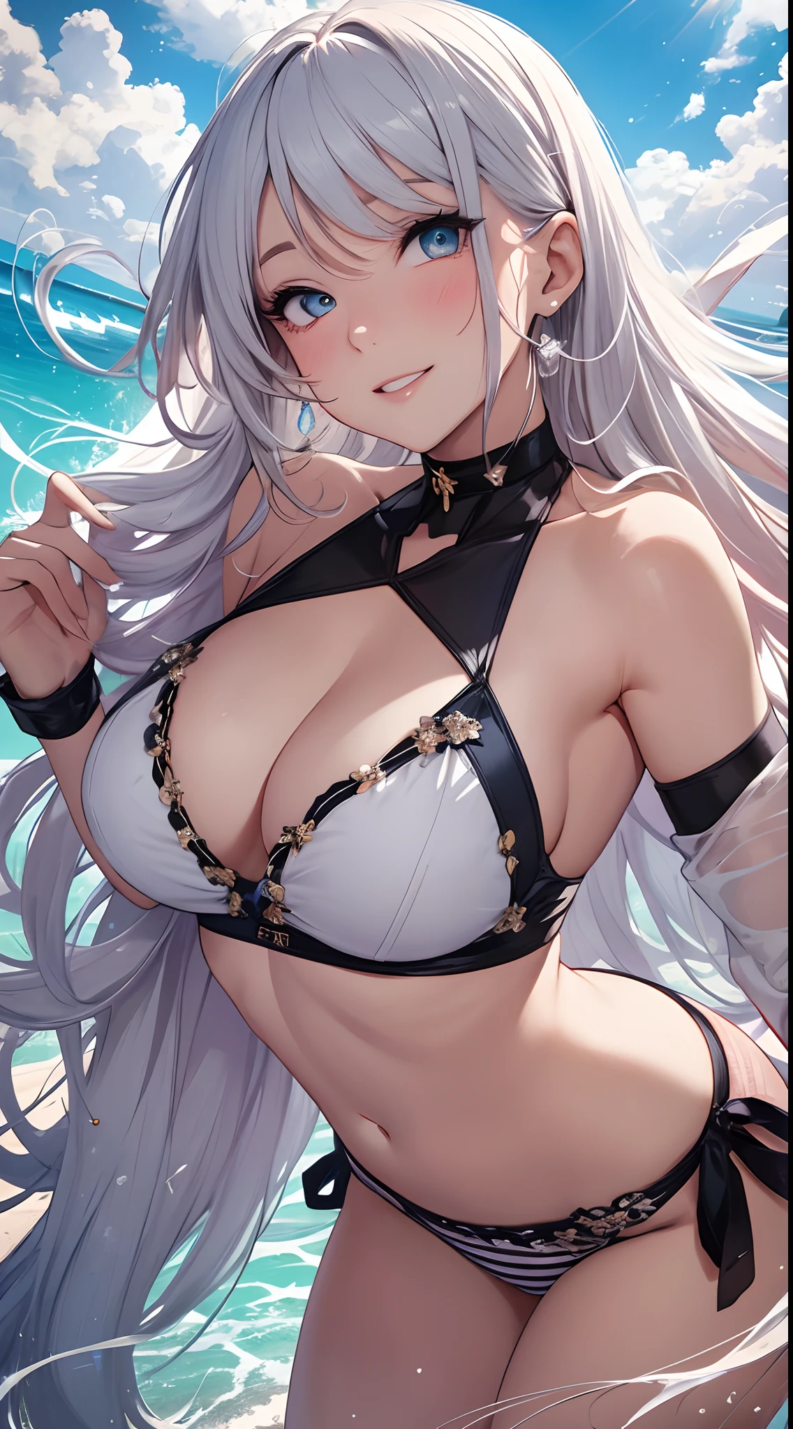 point of view: Third、angled: oblique45From the top of the degree、situation: girl having fun with friends at the beach、charicature: Soio、hairstyle on: Bob Hair、Hair color: A black、Pupil color: Brownish、expressioness: A smile、the pose: Leaning forward and cute、eye: Kamimei、swim wears: Bikini type、Swimsuit colors: blanche、Swimsuit material: Nylons、Swimsuit design: There are gingham plaid ruffles.、accessorized: Lunette de soleil,耳Nipple Ring,a choker,anklets、Accessory color: Simple colors such as black and white、Accessory material: Shiny objects such as metal or glass、Background with: Blue sky and white clouds,Blue sea and white waves,Sandy beaches and shells。camera settings: wide-angle lens,High-speed shutter,High ISO,Exposure compensation+1,White balance is sunny mode。Made the following modifications to bring out her charm。Her hair flutters in the wind.、Glossy。Her eyes are sparkling.、Lashes are long and curled。The skin is tanned、Has a healthy color luster。The swimsuit complements her style well.、Breasts and buttocks are plump。Accessories emphasize her simplicity and cleanliness.、The shade matches the swimsuit。The background reflects her cheerfulness and energy.、Mare, sky and sandy beaches are beautifully depicted.。Images inspired by future technologies、We created a camera setting at the right time that can output the highest quality that is optimal for the situation.。qulity、picture quality、detaileds、masterpiece、Official art、masterpiece、Masterpiece to the smallest detail、realistic in every detail、The human body based on human anatomy、The pupils are especially ultra-detailed.。Sentences that show the shape of the hand、We also considered the sentences of attractive eyes.。ultra-quality、Transcendent craftsmanship in every detail、masutepiece、Finished as official art。This image is「Antonio Lopez」A masterpiece of transcendent technique「Chuck Kroos」In a portrait of the transcendent virtuosity of「Ron Mueck」Reproduce the texture of the material drawn from the observatio