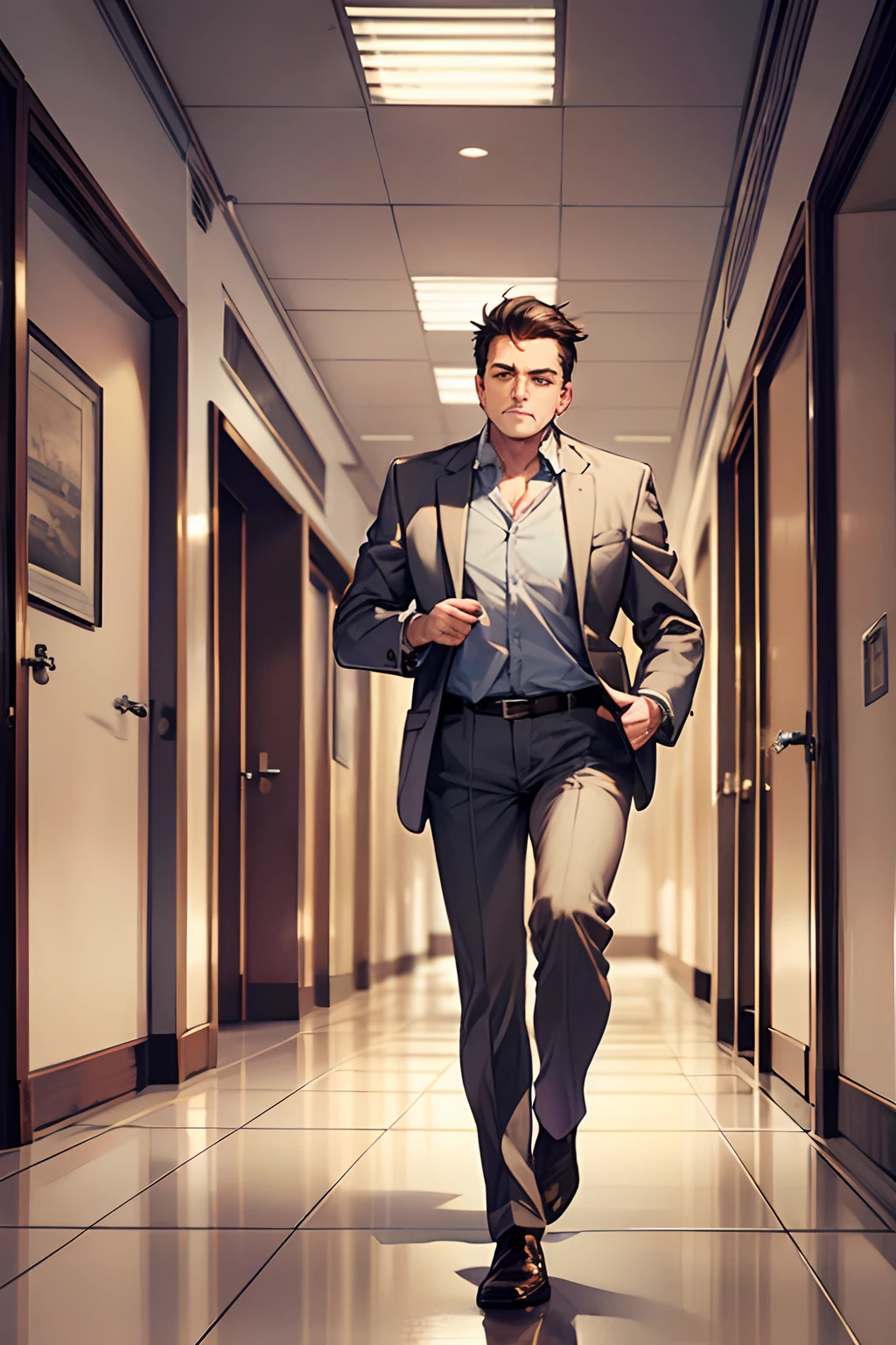 ((1male people)), Curate, Anatomically correct, Super Detail, top-quality, Very delicate, The upper part of the body, Mild-mannered middle-aged man, 55 years old, Middle Age, 175 cm, Perfect Anatomy, A dark-haired, short-haired, Business suits, (Flustered expression) I'm running up to you, Hospital corridor