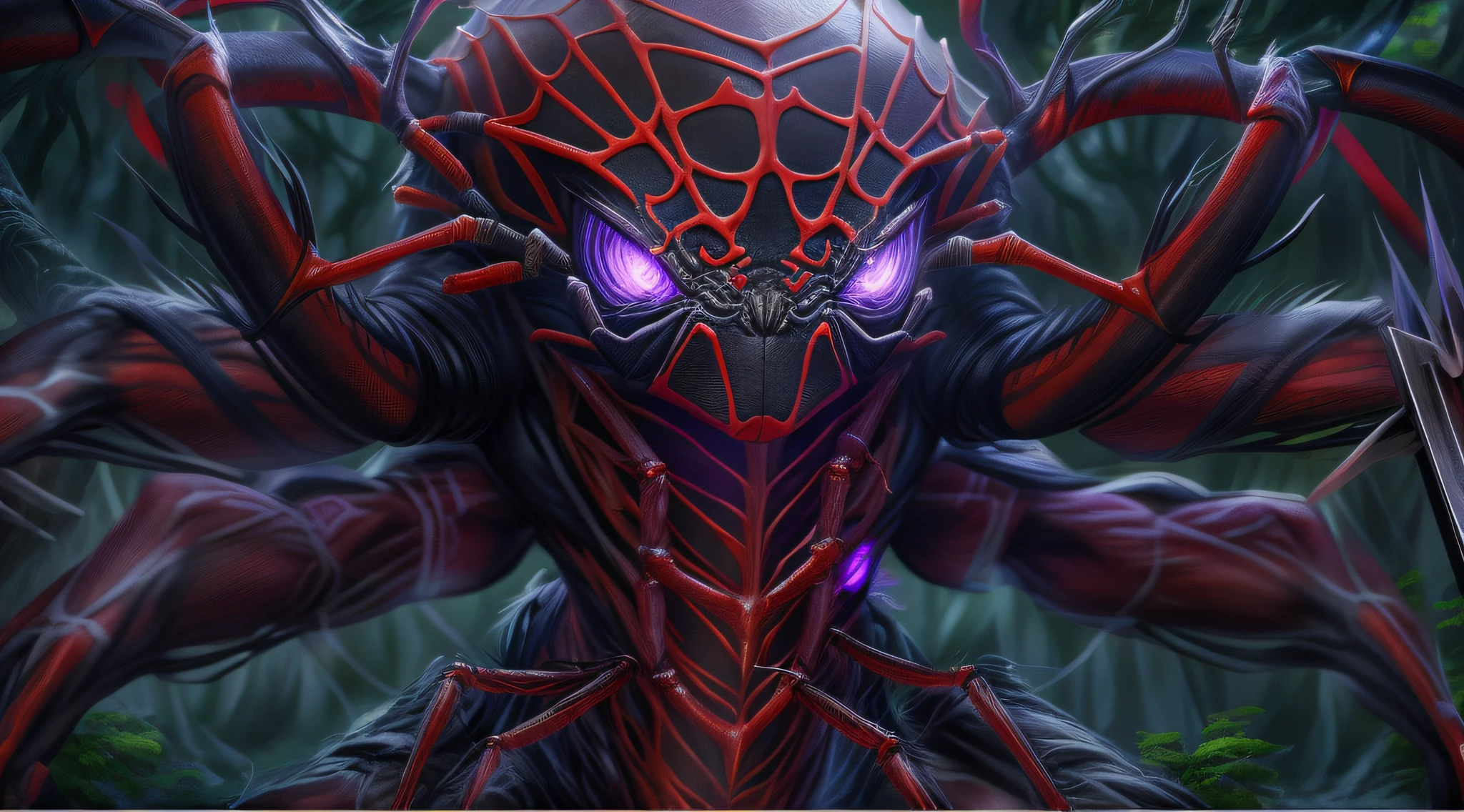 high details, best quality, 16k, RAW, [best detailed], masterpiece, best quality, (extremely detailed), full body, ultra wide shot, photorealistic, fantasy art, RPG art, a picture of an epic sized spider, red skin, hair, big black eyes, runes on spider's body GlowingRunes_purple a dark fantasy forest background, High Detail, Ultra High Quality, High Resolution, 16K Resolution, Ultra HD Pictures, Ultra Realistic, Clear Details, Realistic Detail, Ultra High Definition