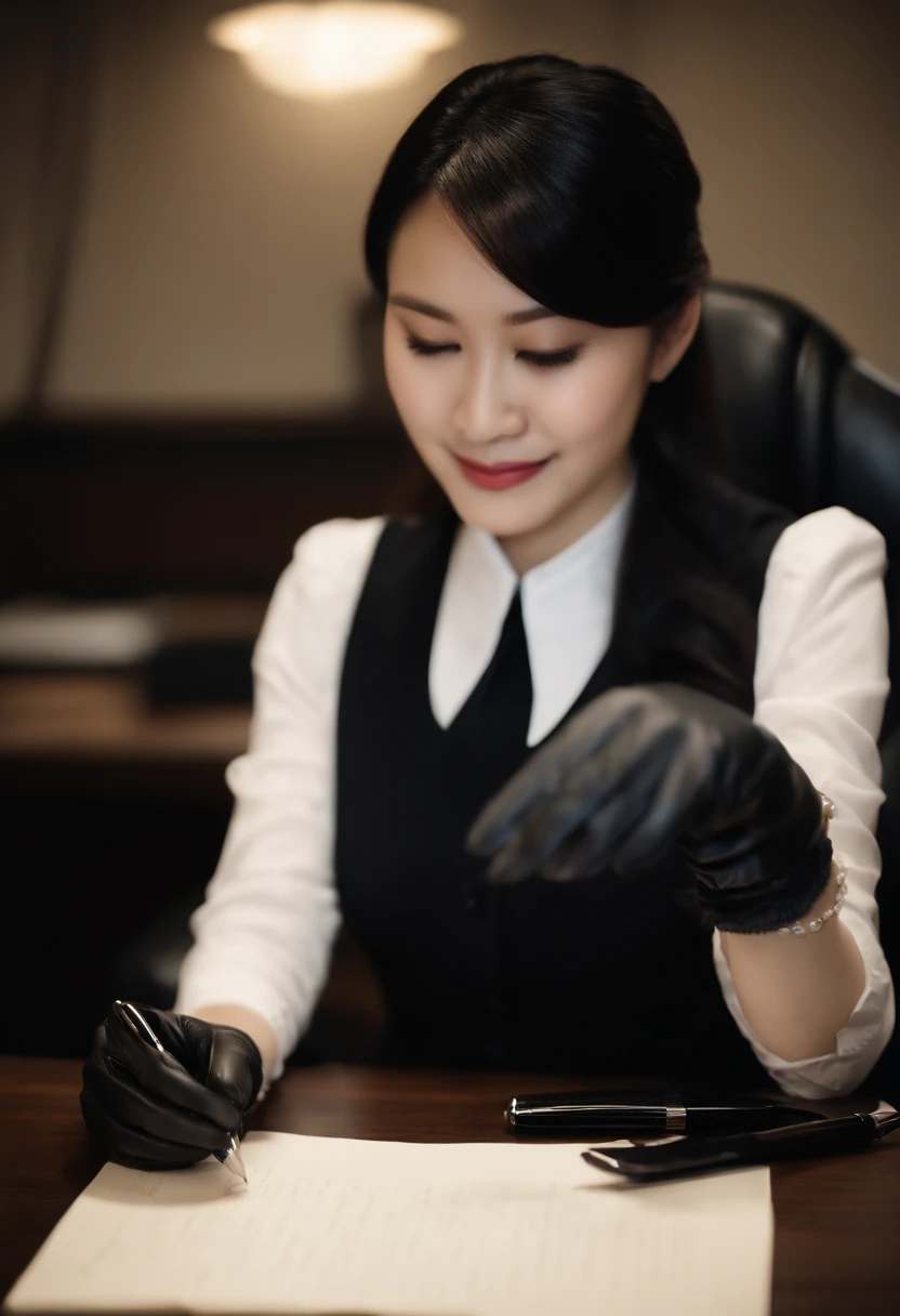 Wearing black leather gloves in both hands, upper body, black business suit, facing the desk in the modern study in the dark, looking down and smiling, writing a letter using a fountain pen, long straight black hair, young and very cute face Japanese female new employee (black leather gloves cover both hands)