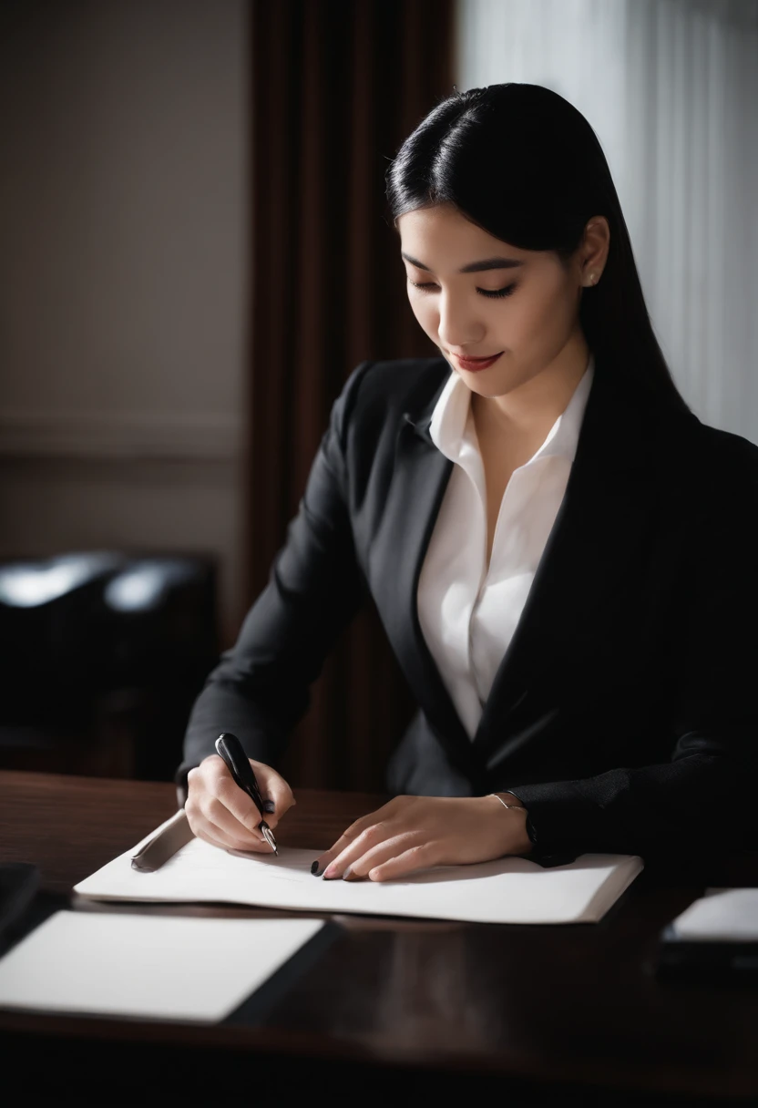 Wearing black leather gloves in both hands, upper body, black business suit, facing the desk in the modern study in the dark, looking down and smiling, writing a letter using a fountain pen, long straight black hair, young and very cute face Japanese female new employee (black leather gloves cover both hands)