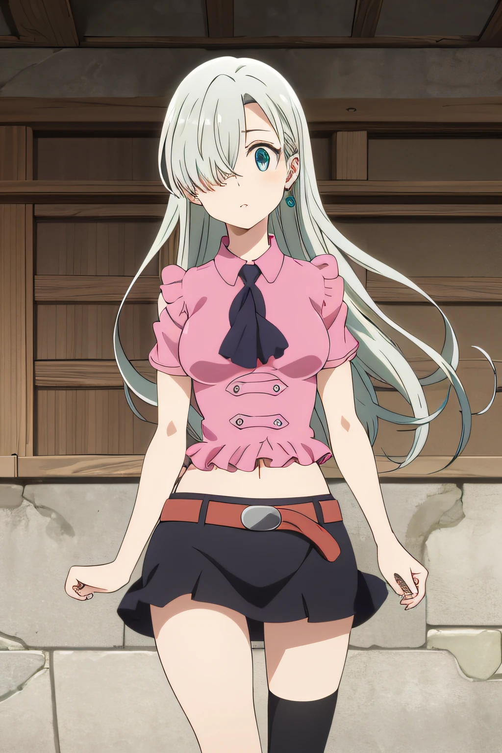 masterpiece, best quality, highres, hmeliza, 1girl, jewelry, single thighhigh, hair over one eye, midriff, black skirt, asymmetrical legwear, pink shirt, black thighhighs, belt, miniskirt, standing, cowboy shot,