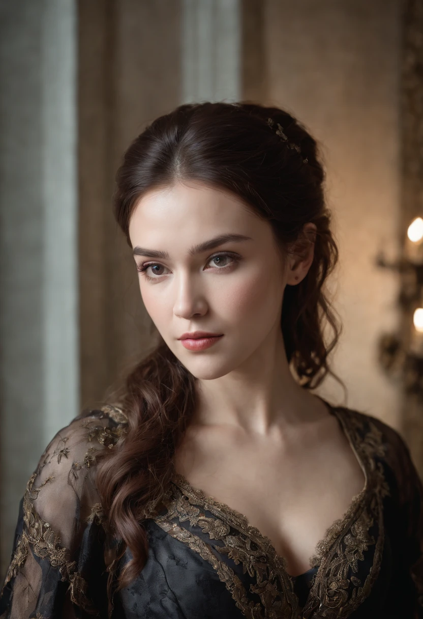 Cinematic portrait, ((upper body)), facing the audience, (Reality :1.3), the world's most beautiful artwork photo, a woman looking into the camera, Gothic costume, detailed beautiful face, action shot, (Intricate :1.4), simple background, global lighting, photorealistic, CG, Art Station
