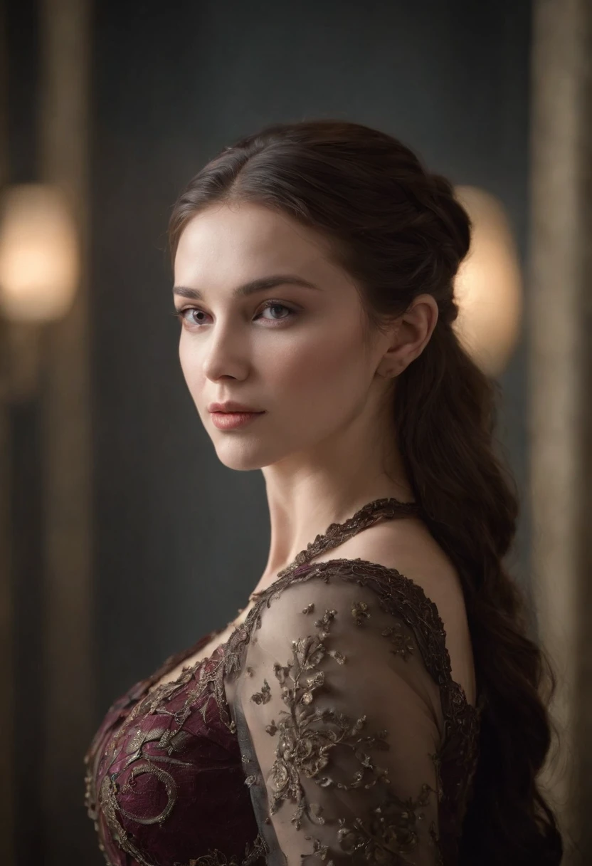 Photorealistic head-to-toe image of a gorgeous brunette woman wearing a tight formal gala-dress and a large chupalla-hat, hair in a bun, hair-bun, Colorants naturels, pose dynamique, Kinematic image, —Niji 5 — Expressive style Textured detail Gorgeous face, detailed skin, (Epic science-fiction heroine, fantasy world, Femme fatale, (inspired by Tomer hanuka, Victor Mosquera, jean giraud moebius)) Looking with purple eyes on camera, Rendu octane, Hdr, couvrir, unzoom, luminisme, Bar lighting, complexe, 8k Resolution Portrait Bioluminescens Fractal Isometry Details : Stunning realistic photography.