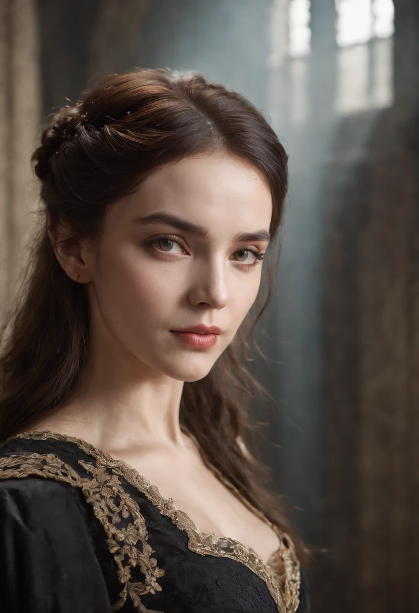 Uma mulher jovem linda atraente inspirada em Emily Rudd, como Emily Rudd, (((with random costume))), ((((Autorretrato do rosto realista))), autoretrato do rosto com zoom aproximado com fundo desfocado, (((Atmosfera sombria: in an indoor rustic castle environment)))