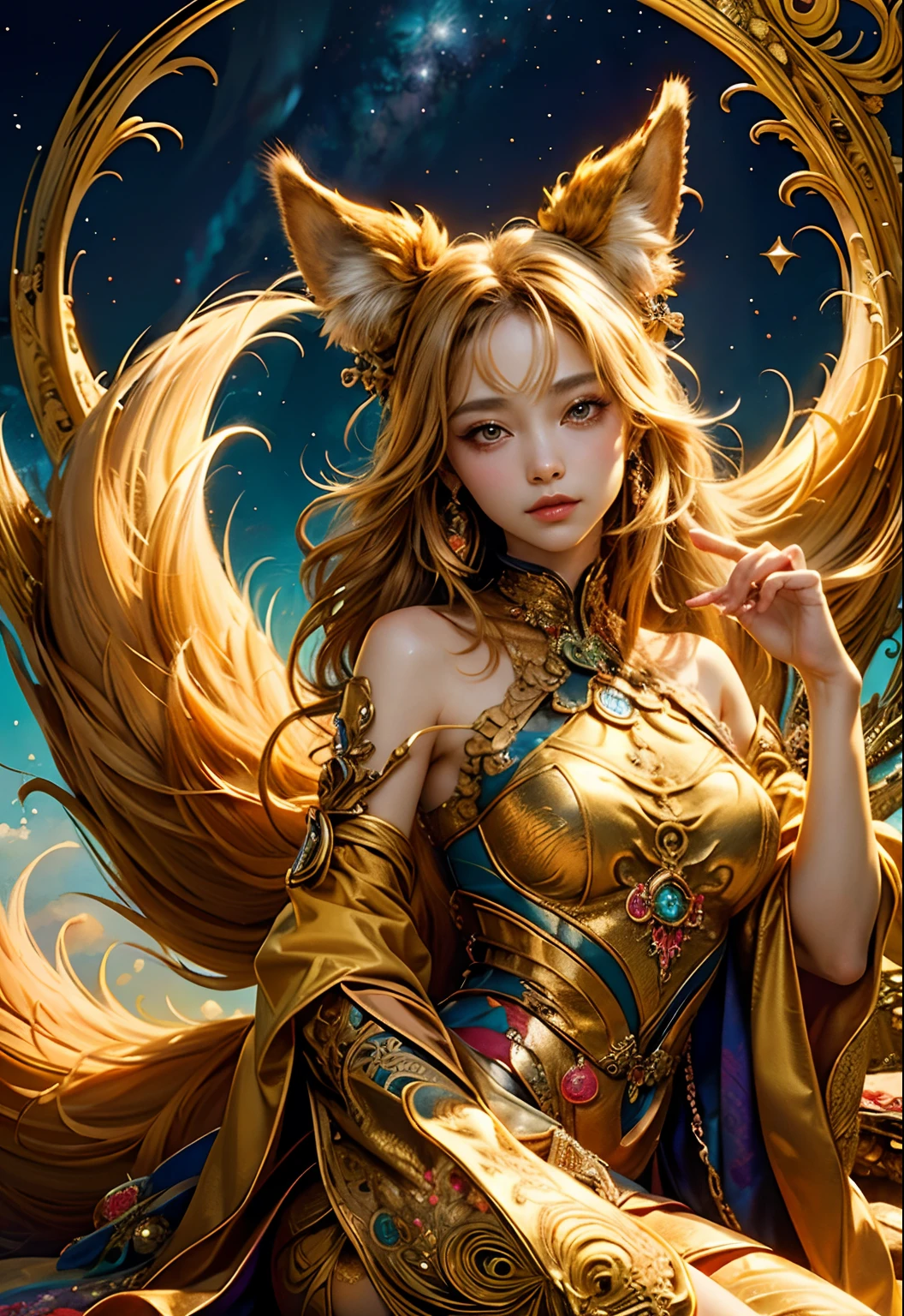 (​masterpiece、top-quality、top-quality、Official art、Beautifully Aesthetic:1.2)、(1girl in)、ighly detailed、(Fractal Art:1.3)、colourfull、highestdetailed　Golden Nine Tail Fox　Fancy golden background　Facing the front　Soft smile