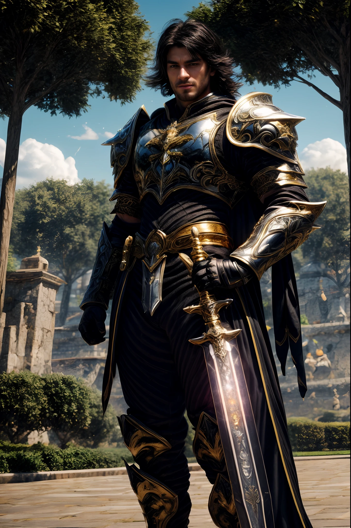 RAW photo, A man with muscle and athletic body with black short hair and light diamond armor, wearing an super detailed diamond armor, royal castle background, outdoor, day, cloud, sunny, cool prince, handsome man, weapon, holding light legendary longsword, ((Best quality, 8k, Masterpiece :1.3)), Highly detailed face and armor texture, high quality, Fujifilm XT3, Sharp: 1.2, Hyper realistic, Super detailed details,