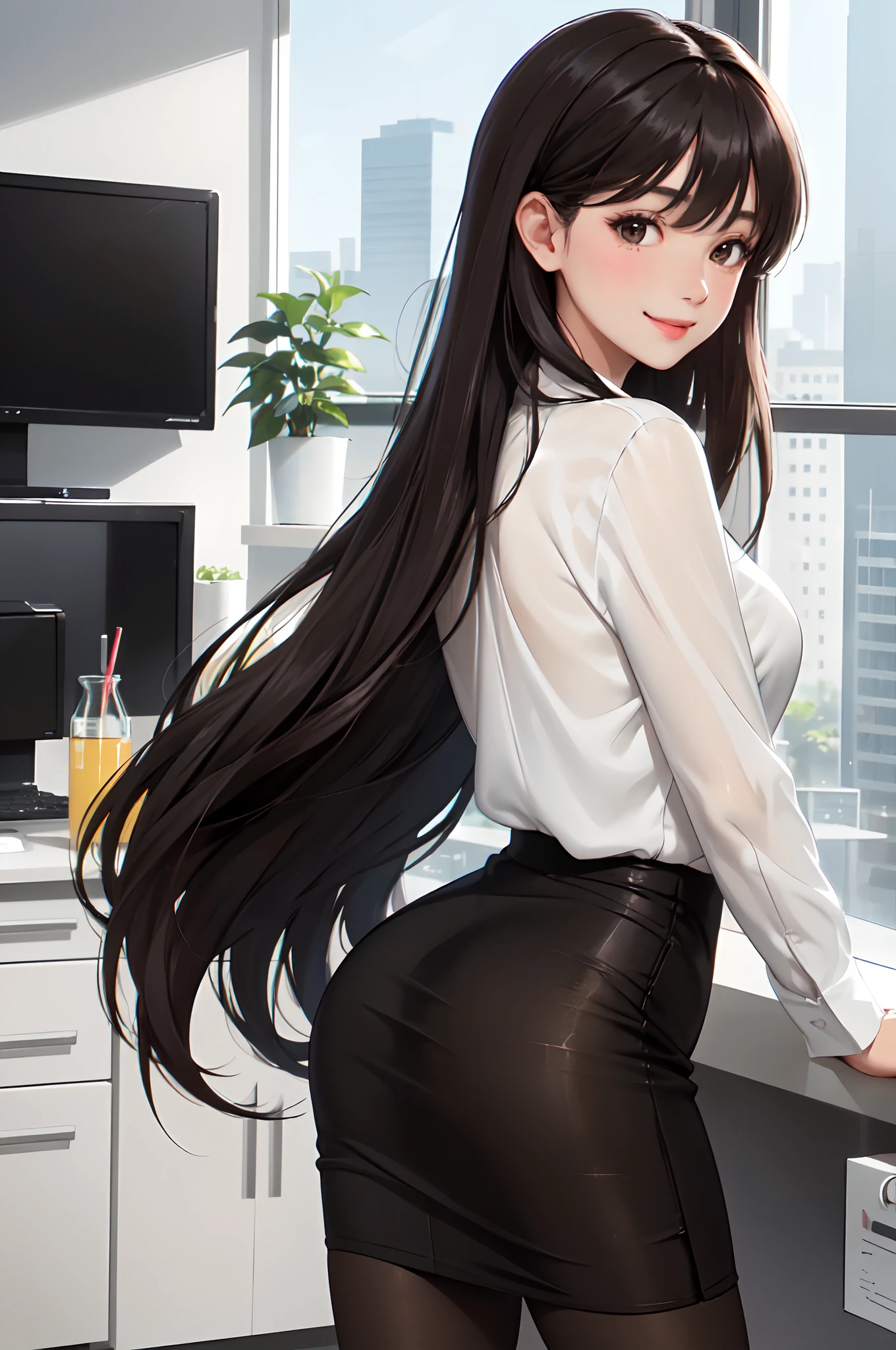 1lady solo, (looking back from behind), (bent over), /(casual shirt pencil skirt thin pantyhose/), /(black hair/) bangs, (masterpiece best quality:1.2) delicate illustration ultra-detailed BREAK /(modern office indoors/)