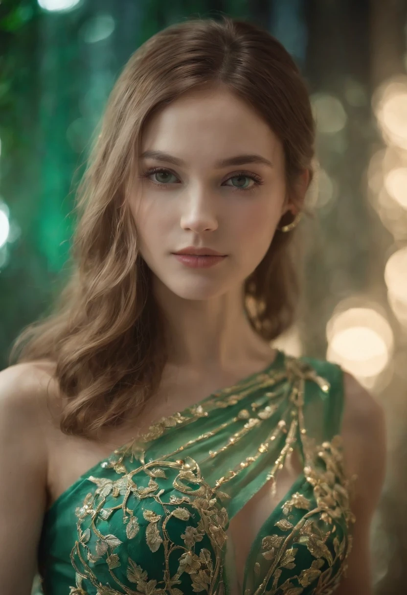 Wearing a long dress made of transparent liquid，Slender transparent ethereal beauty elegant charming, sublime charming elegant glass woman holding a crystal long sword，Delicate and beautiful face，Delicate and beautiful green eyes，Delicate silk wave head，micro Chip，titanium skeleton，pelvis，spine，Glowing gold threads in the body，Luminous inside，Cybernetics Electronic PCB Garden，Highly meticulous、solid、dramatic  lighting、dynamic angle、dynamicposes