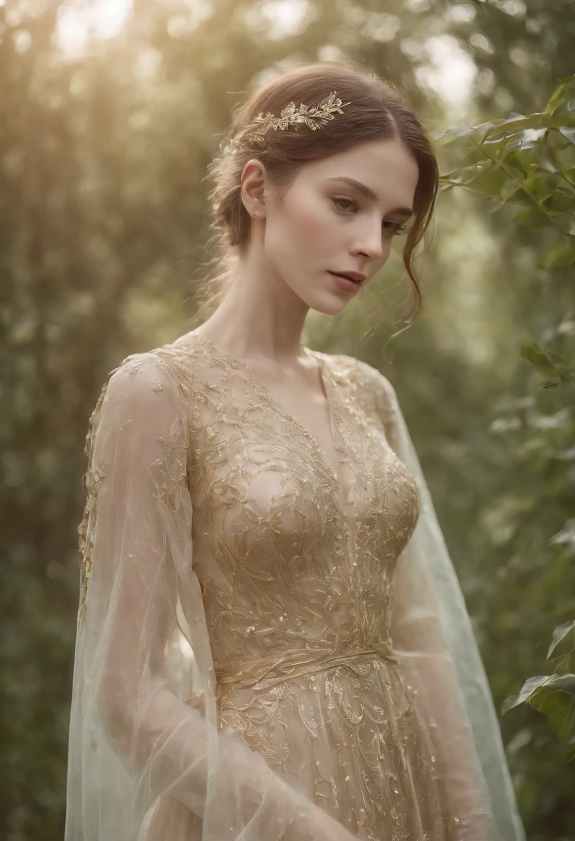 Wearing a long dress made of transparent liquid,Slender transparent ethereal beauty elegant charming, sublime charming elegant glass woman holding a crystal long sword,Delicate and beautiful face,Delicate and beautiful green eyes,Delicate silk wave head,micro Chip,titanium skeleton,pelvis,spine,Glowing gold threads in the body,Luminous inside,Cybernetics Electronic PCB Garden,Highly meticulous、solid、dramatic lighting、dynamic angle、dynamicposes