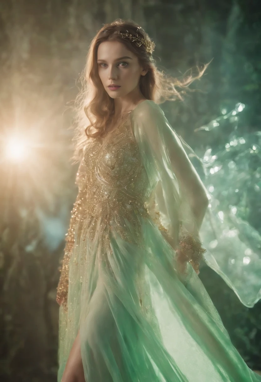 Wearing a long dress made of transparent liquid,Slender transparent ethereal beauty elegant charming, sublime charming elegant glass woman holding a crystal long sword,Delicate and beautiful face,Delicate and beautiful green eyes,Delicate silk wave head,micro Chip,titanium skeleton,pelvis,spine,Glowing gold threads in the body,Luminous inside,Cybernetics Electronic PCB Garden,Highly meticulous、solid、dramatic lighting、dynamic angle、dynamicposes