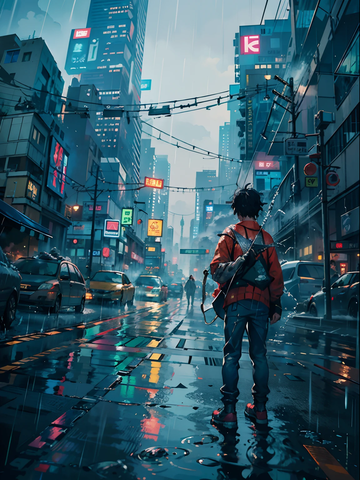 1boy,a 13 yo boy、Wet body、Cyberpunk Boy、katanas,machine gun、The beginning of the adventure、(drenching:2)、Lots of clouds,heavy fog、fog,Chaotic city of the future、Movie dystopia、A group of very tall skyscrapers stands in the center、Very complex cityscape,Crowded Chinese skyscrapers、street signs、streetlights、taxis、buses、Train、Blue lighting,Dark road、Lots of puddles、Chaotic、Beautiful and fantastic scenery、Cinematic scenery、hightquality、masutepiece,in 8K、hight resolution、