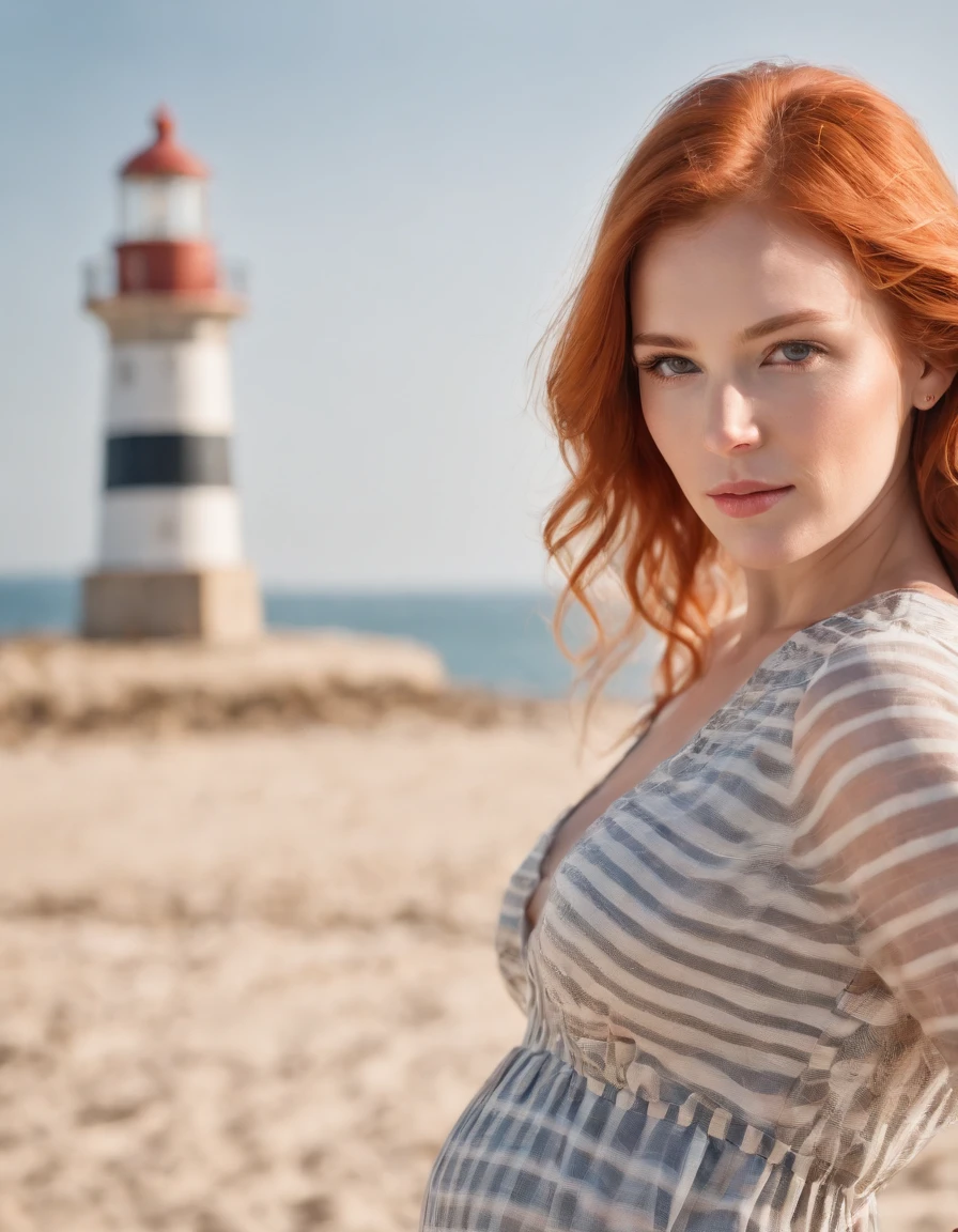 pregnant woman in  dress printed with  striped，Coastal beauty,(orange hair), (bright eyes, sun-kissed skin, carefree expression)，sandy beach background, lighthouse, gentle sea breeze,golden hour lighting, blurred background, rich colors, fine details, hyperrealistic, relaxed atmosphere. natural blurry