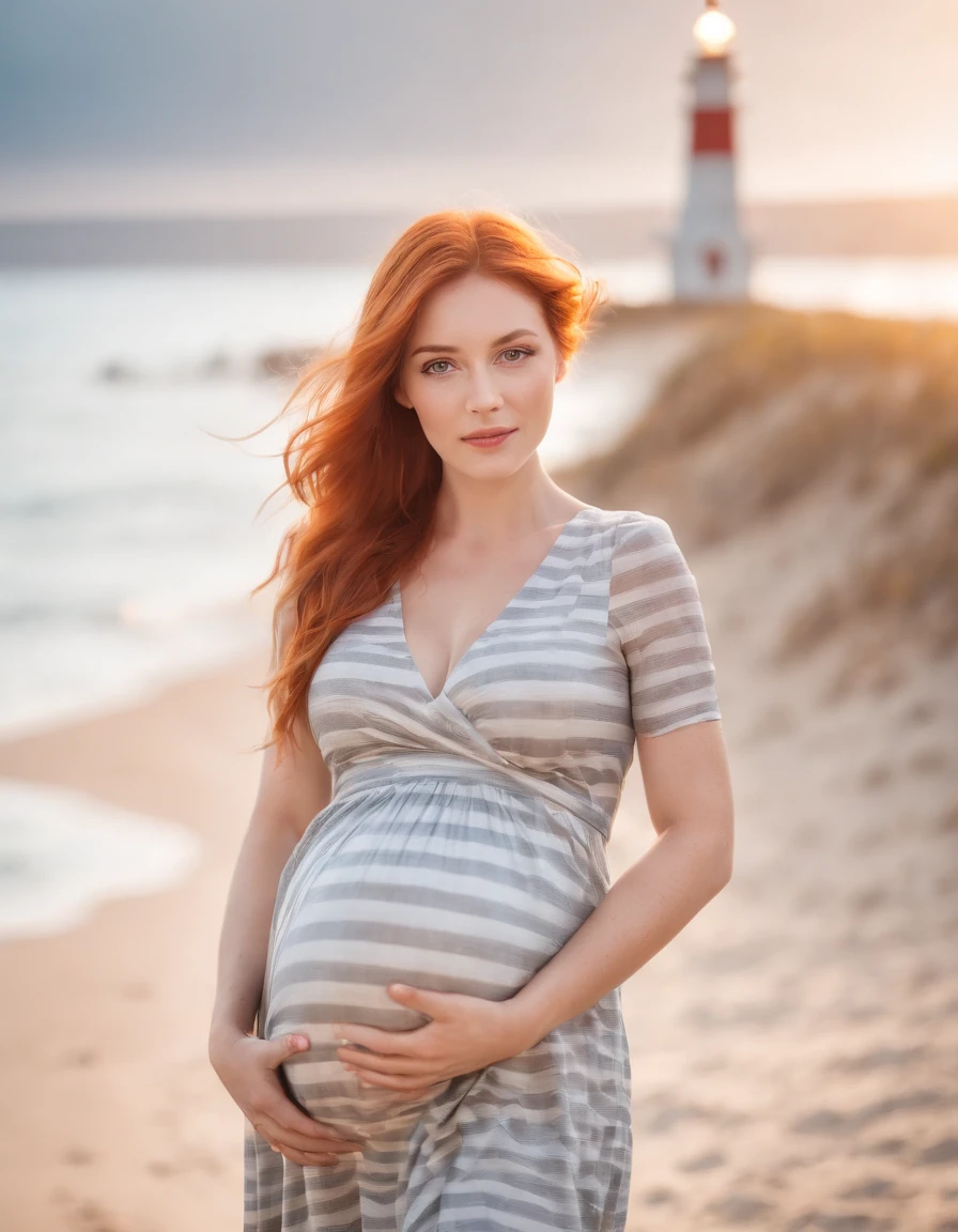 pregnant woman in dress printed with striped,Coastal beauty,(orange hair), (bright eyes, sun-kissed skin, carefree expression),sandy beach background, lighthouse, gentle sea breeze,golden hour lighting, blurred background, rich colors, fine details, hyperrealistic, relaxed atmosphere. natural blurry