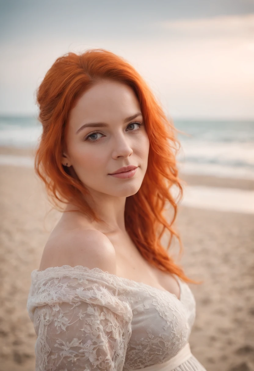 Cute pregnant woman on the beach，8K,Beautiful beach scenery,(orange hair)