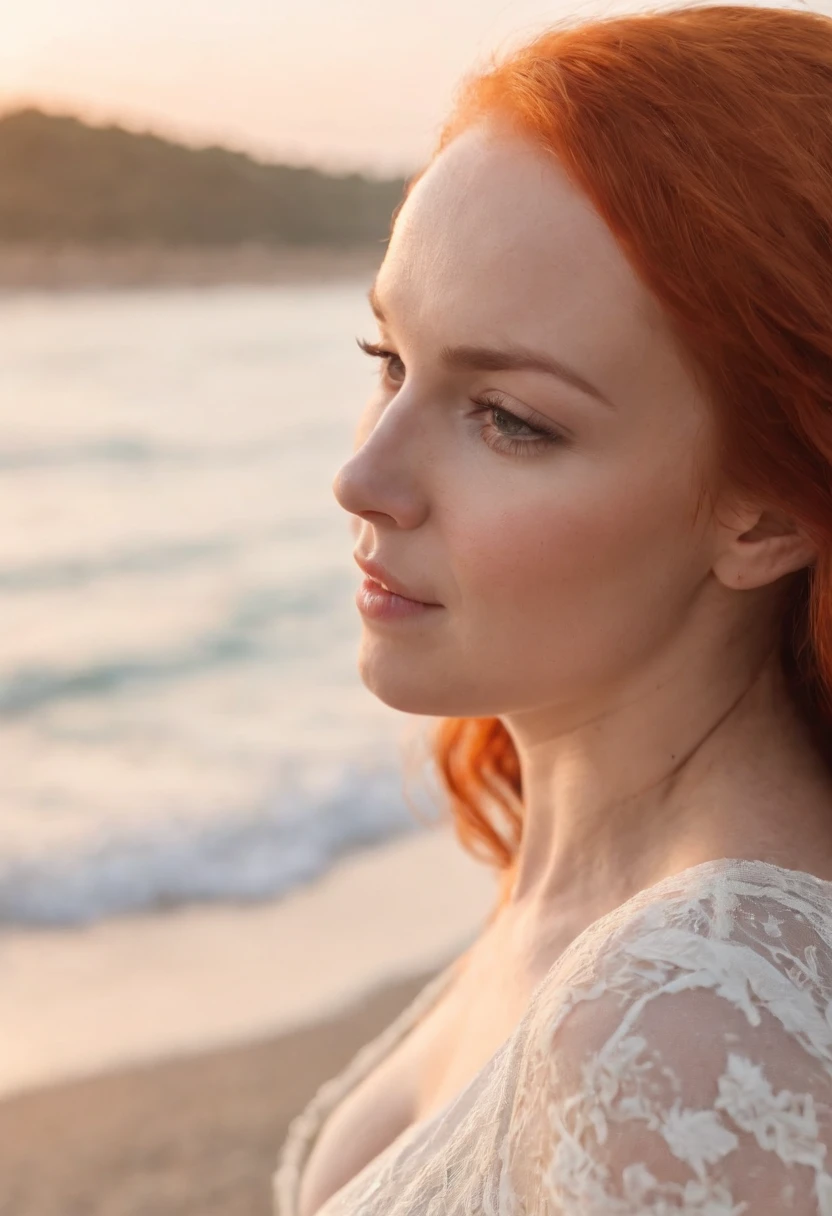Cute pregnant woman on the beach,8K,Beautiful beach scenery,(orange hair)