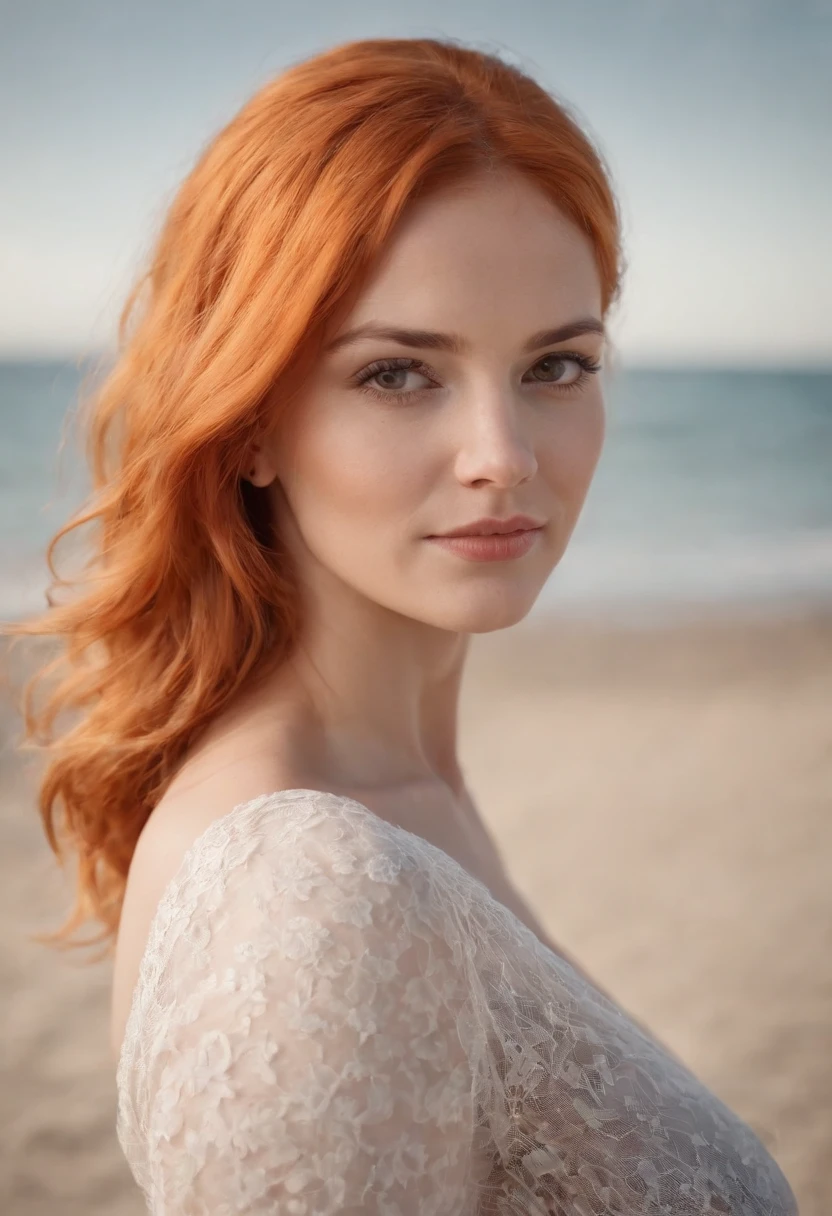 Cute pregnant woman on the beach,8K,Beautiful beach scenery,(orange hair)