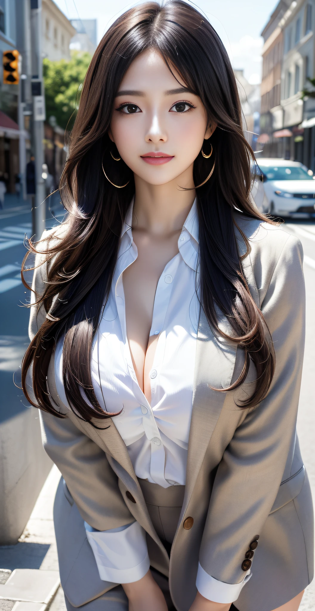 (masterpiece, Best Quality, photorealistic, ultra-detailed, finely detail, high resolution, 8K wallpaper), a close-up portrait of 1 beautiful woman, standing in the city, earrings, necklace, smiling happily, light-brown messy long hair, in black business suit, white collared shirt, unbuttoned, sharp-focus, large-sized breasts, perfect dynamic composition, beautiful detailed eyes, detailed hair, detailed realistic skin texture, a cover of a fashion magazine, professional photography, ,xxmix_girl