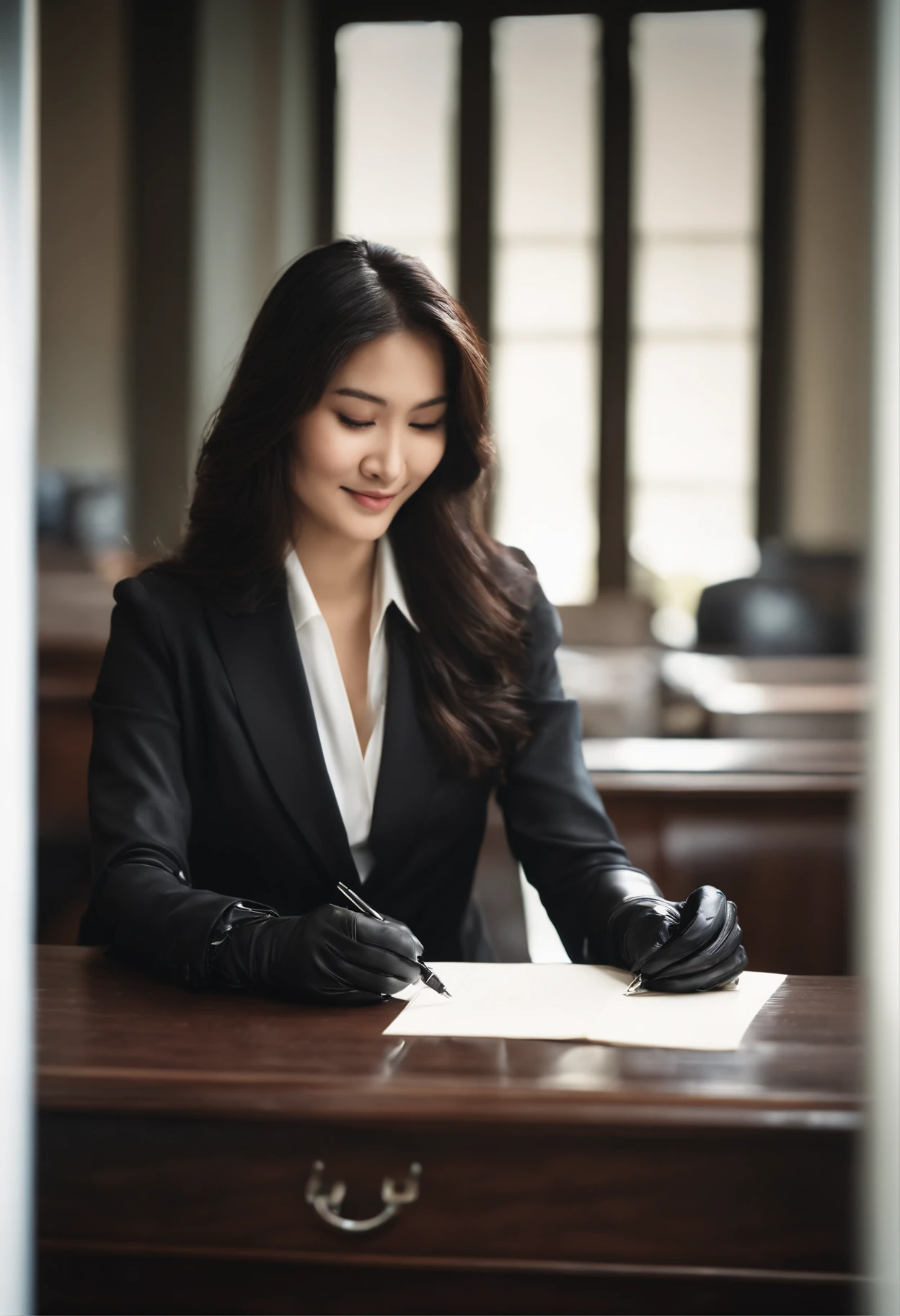 Wearing black leather gloves in both hands, upper body, black business suit, facing the desk in the modern study in the dark, looking down and smiling, writing a letter using a fountain pen, long straight black hair, young and very cute face Japanese female new employee (black leather gloves cover both hands)