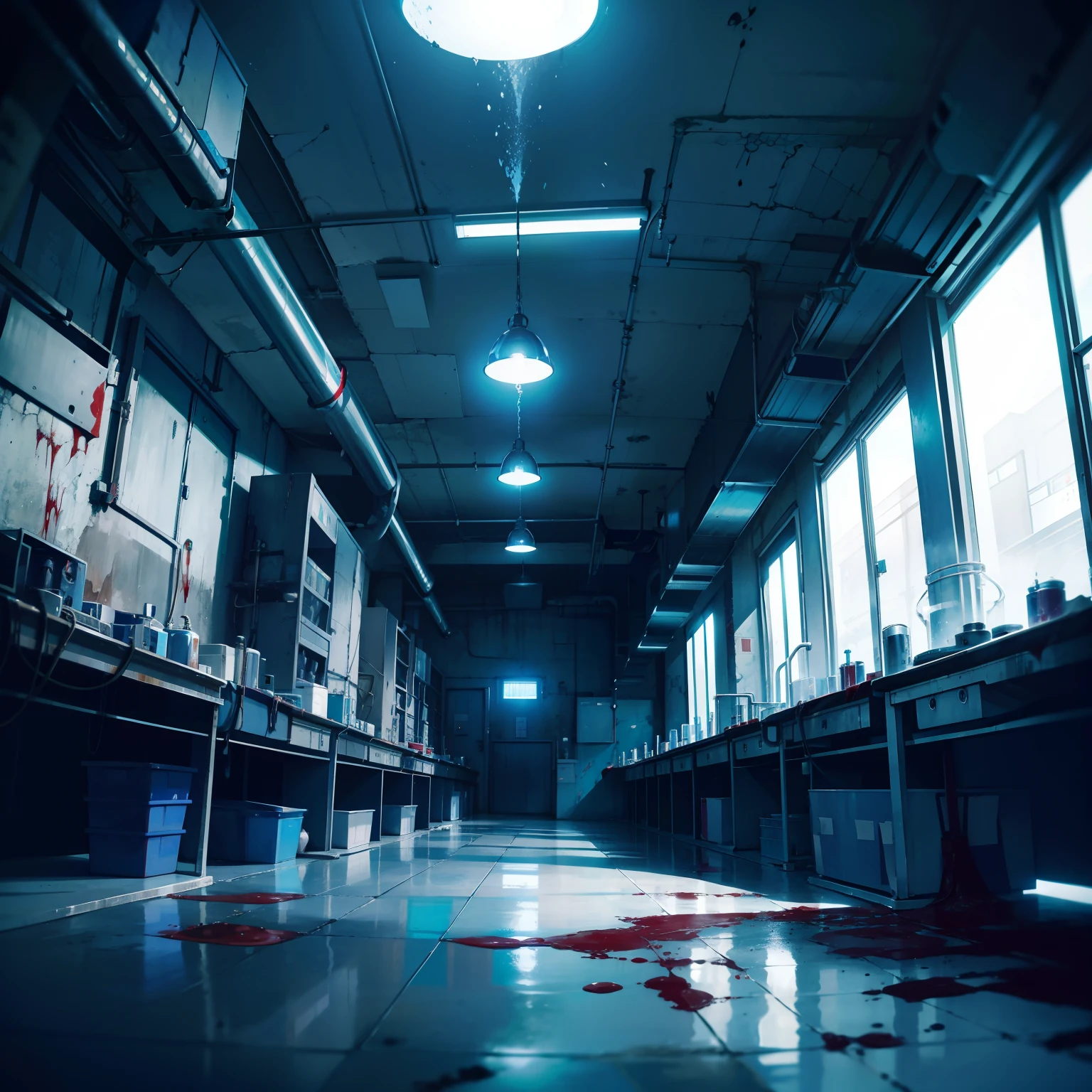 Underground closed chemistry laboratory，No windows，No windows，There are a lot of reagents，Blue ceiling，There is a lot of blood，It's messy，Dimly lit，Mess，No Man，There are corpses