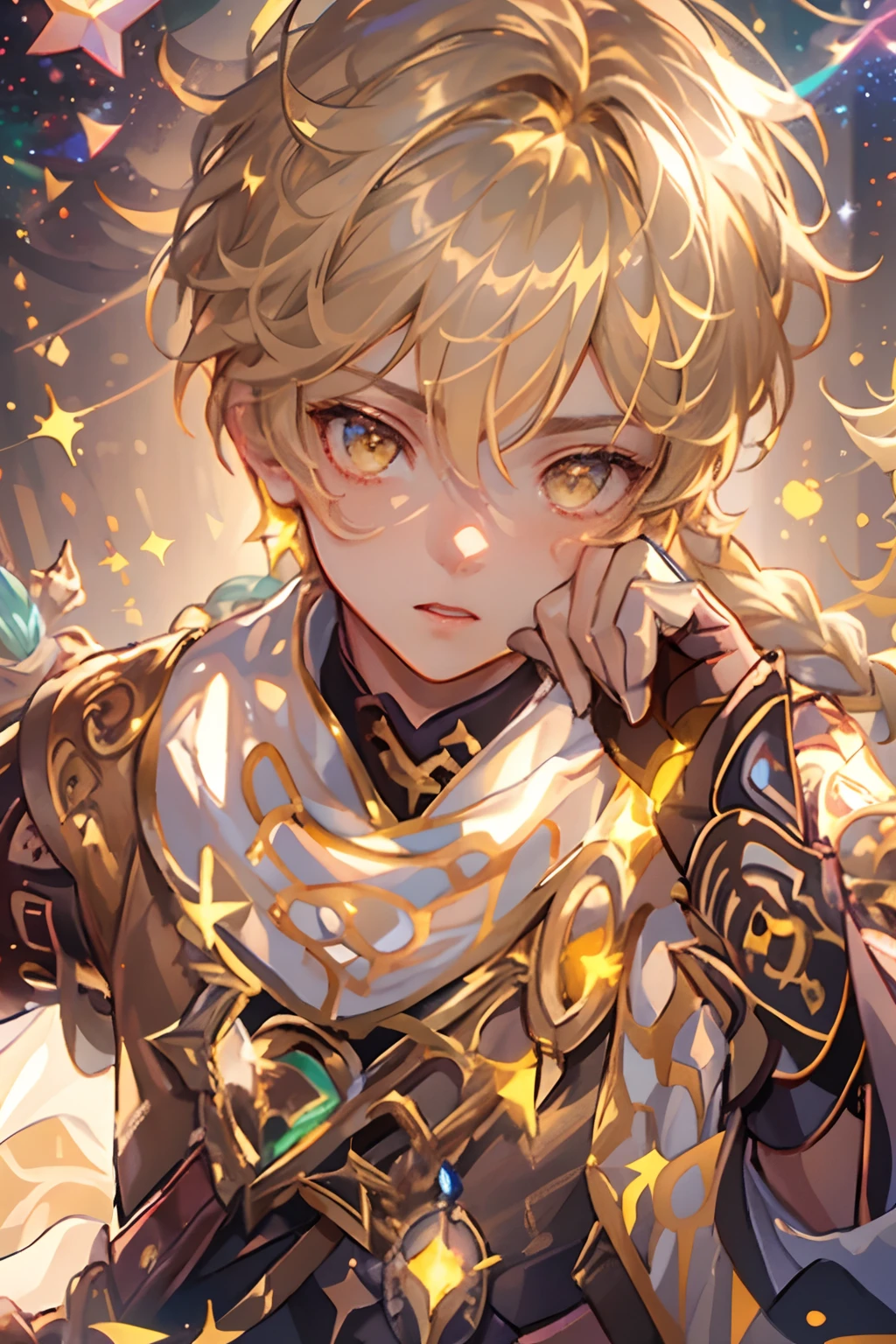 1 boy young man male solo, blond hair with braid, yellow eyes, white scarf with gold details, brown short top, bare belly, wide brown harem pants, high brown boots with golden details, brown gloves, iridescent light, glowing rainbow crystals, sparkles, stars, floating in space, dark background with stars and galaxies, ((portrait closeup face))