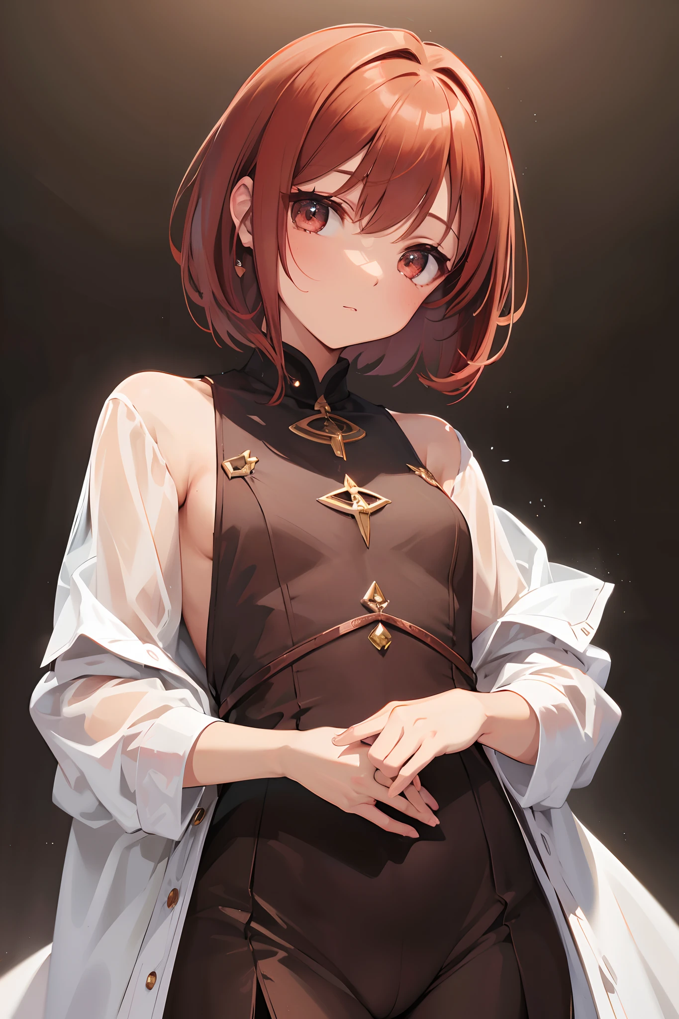 Masterpiece, Best quality, 1girll, Stubby and short corners, Room Wear, short detailed hair, Ruby eyes, copper-haired, :Tai, brown tanned skin, two-tone background, Horror fantasy