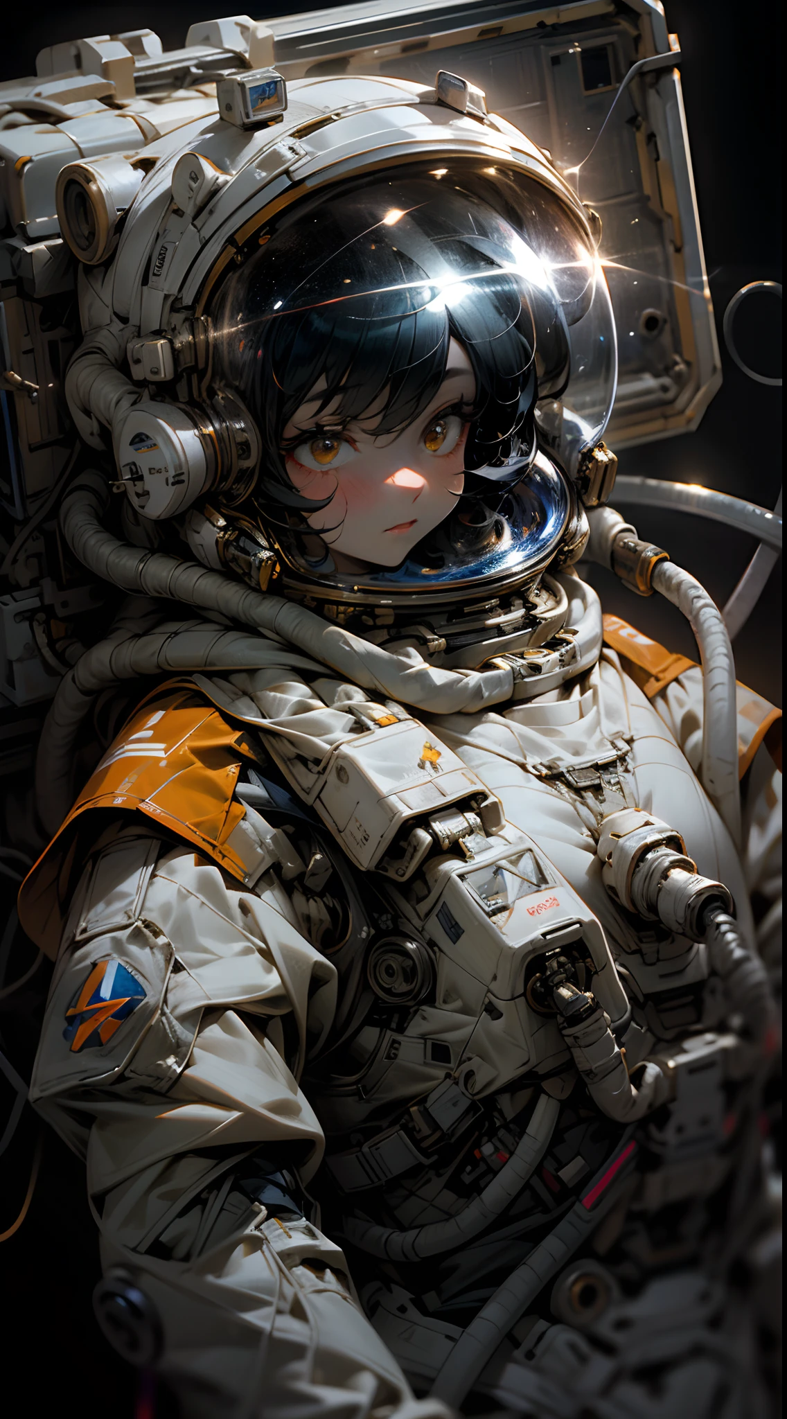 Astronaut girl, Astronaut helmet, In space, planet earth, Mards, stars, Upper body, top to bottom, 1girll, Solo, Floating in space, astronaut suits, Big orange eyes, Black hair, The landscape of the earth, Detailed background, beautiful space, Colorful,