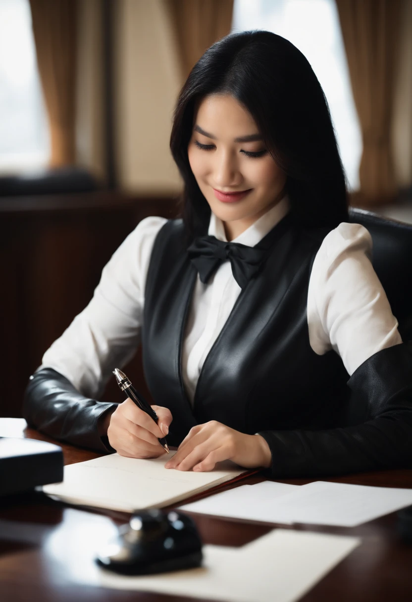 Wearing black leather gloves in both hands, upper body, black business suit, facing the desk in the modern study in the dark, looking down and smiling, writing a letter using a fountain pen, long straight black hair, young and very cute face Japanese female new employee (black leather gloves cover both hands)