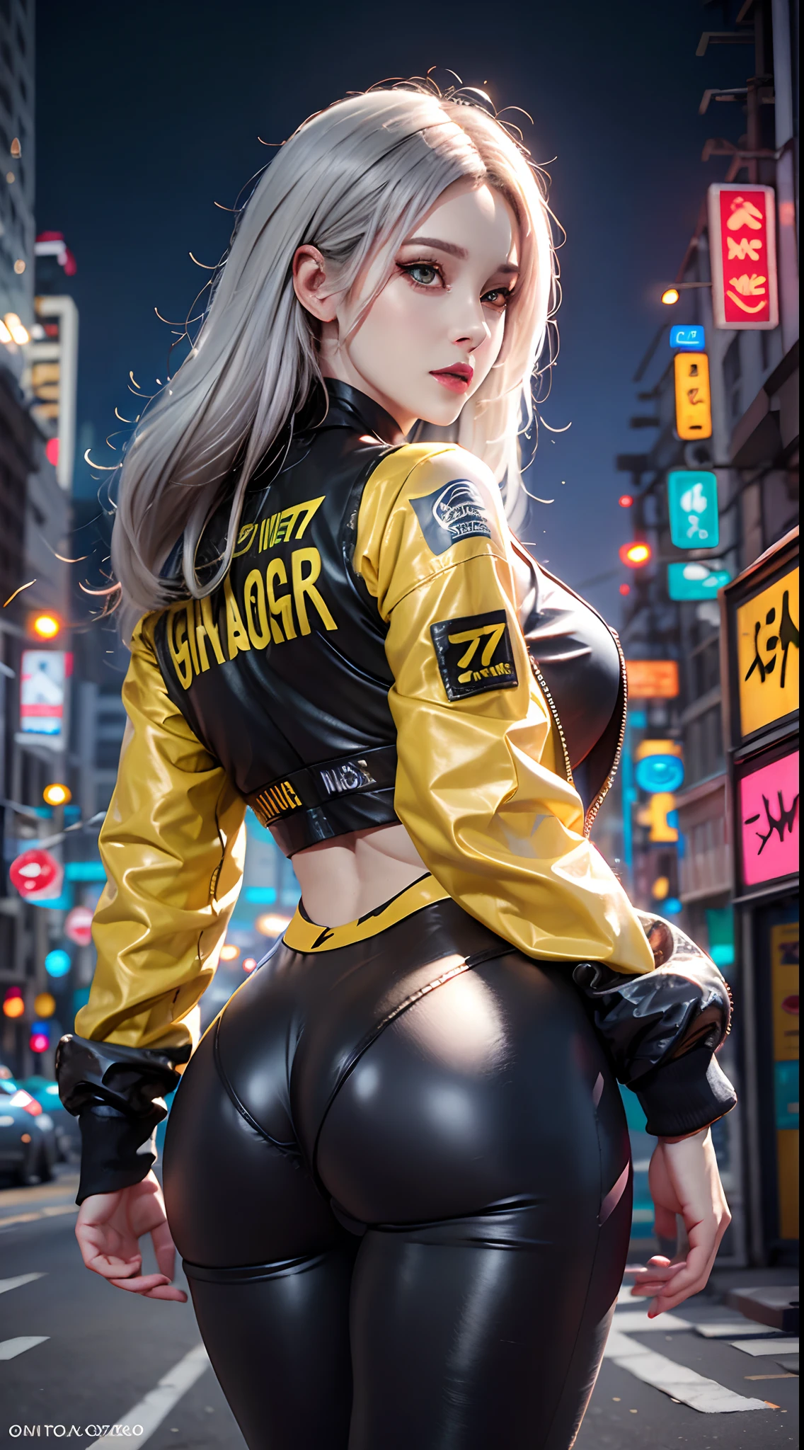 photorealistic, high resolution, 1women, mature female, solo, hips up, jewelry, tattoo, white hair, long hair, make up, pink lips, cyber wear, High waisted jacket, yellow jacket, bodysuit, leggings, cyberpunk 2077 style, cyborg, mechanical body parts, night city, neon lights, back view