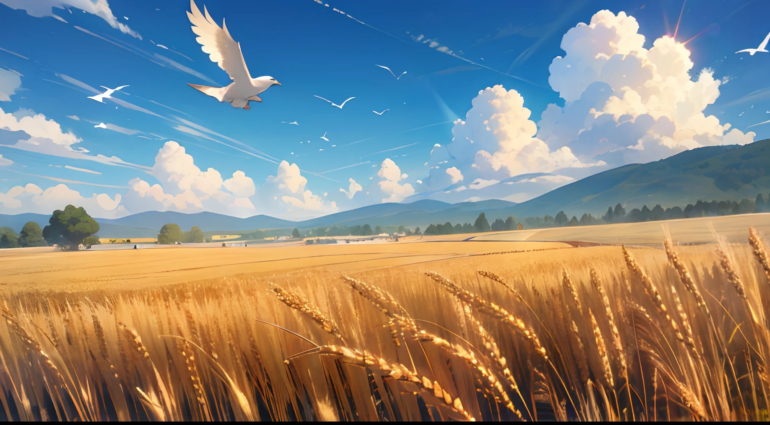 A large neat wheat field，Idyllic、wheat field ，scenic view，the Sun Shining，Clouds，Skysky，flying birds，Big Mountain，peasant，