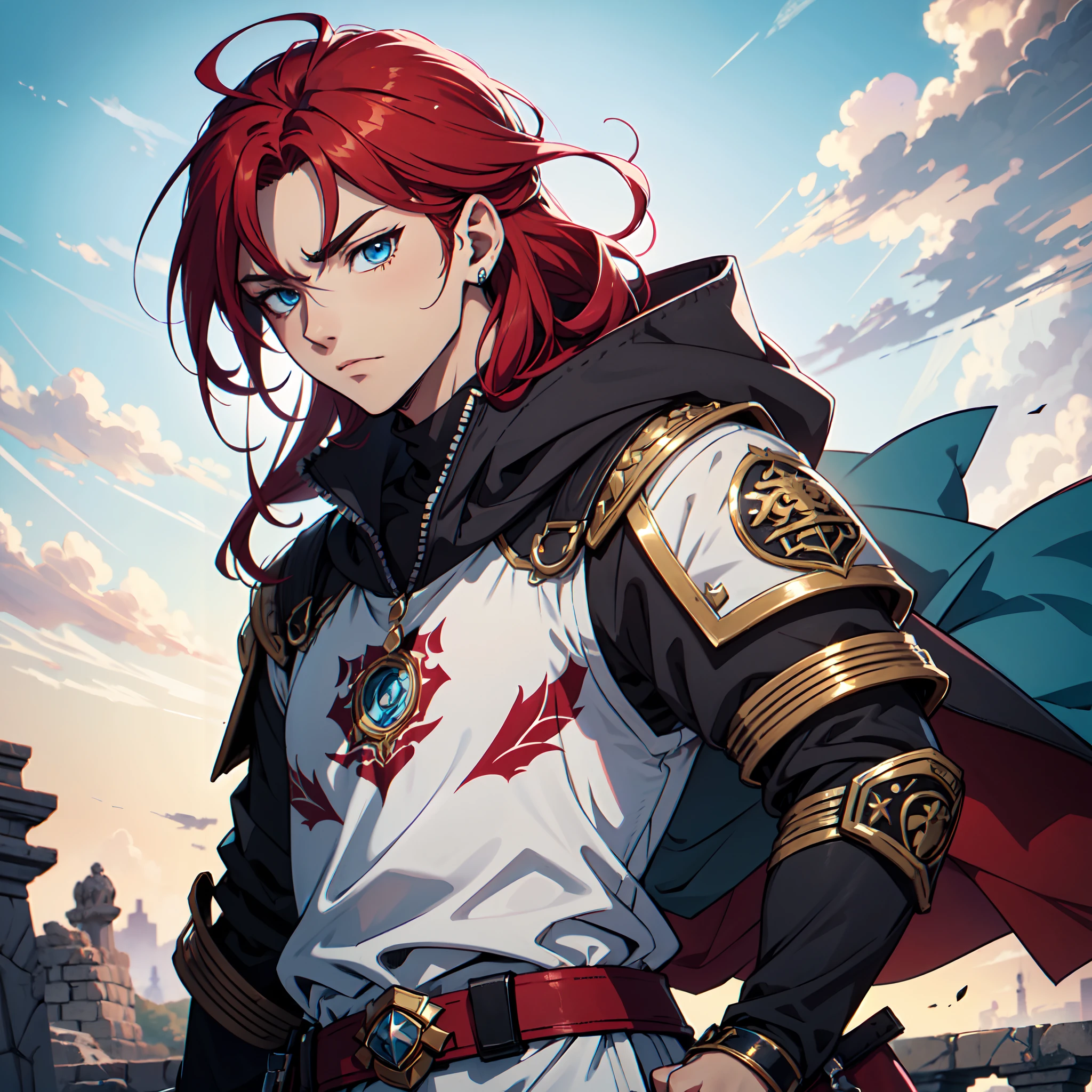 Ultra High Definition, Ultra High Quality, Extremely Detailed, Perfectly Detailed, Masterpiece, 8k, 1 Boy, Look A Like Xin From Kingdom Anime, Handsome, Equipped With Black Paladin Armor, Solid Light Blue Eyes, Long Red Hair, Body Shot, Ancient Kingdom Background