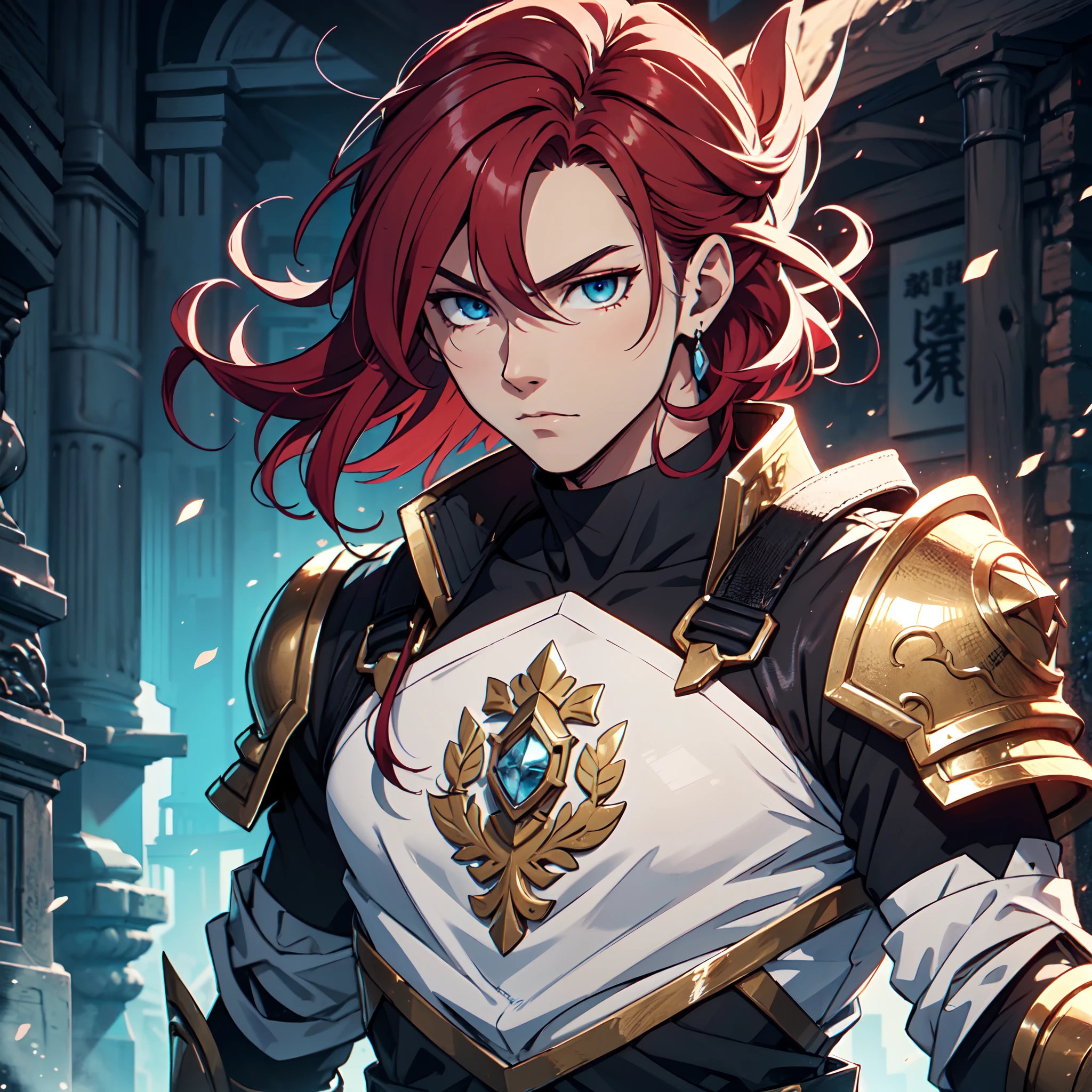 Ultra High Definition, Ultra High Quality, Extremely Detailed, Perfectly Detailed, Masterpiece, 8k, 1 Boy, Look A Like Xin From Kingdom Anime, Handsome, Equipped With Black Paladin Armor, Solid Light Blue Eyes, Long Red Hair, Body Shot, Ancient Kingdom Background