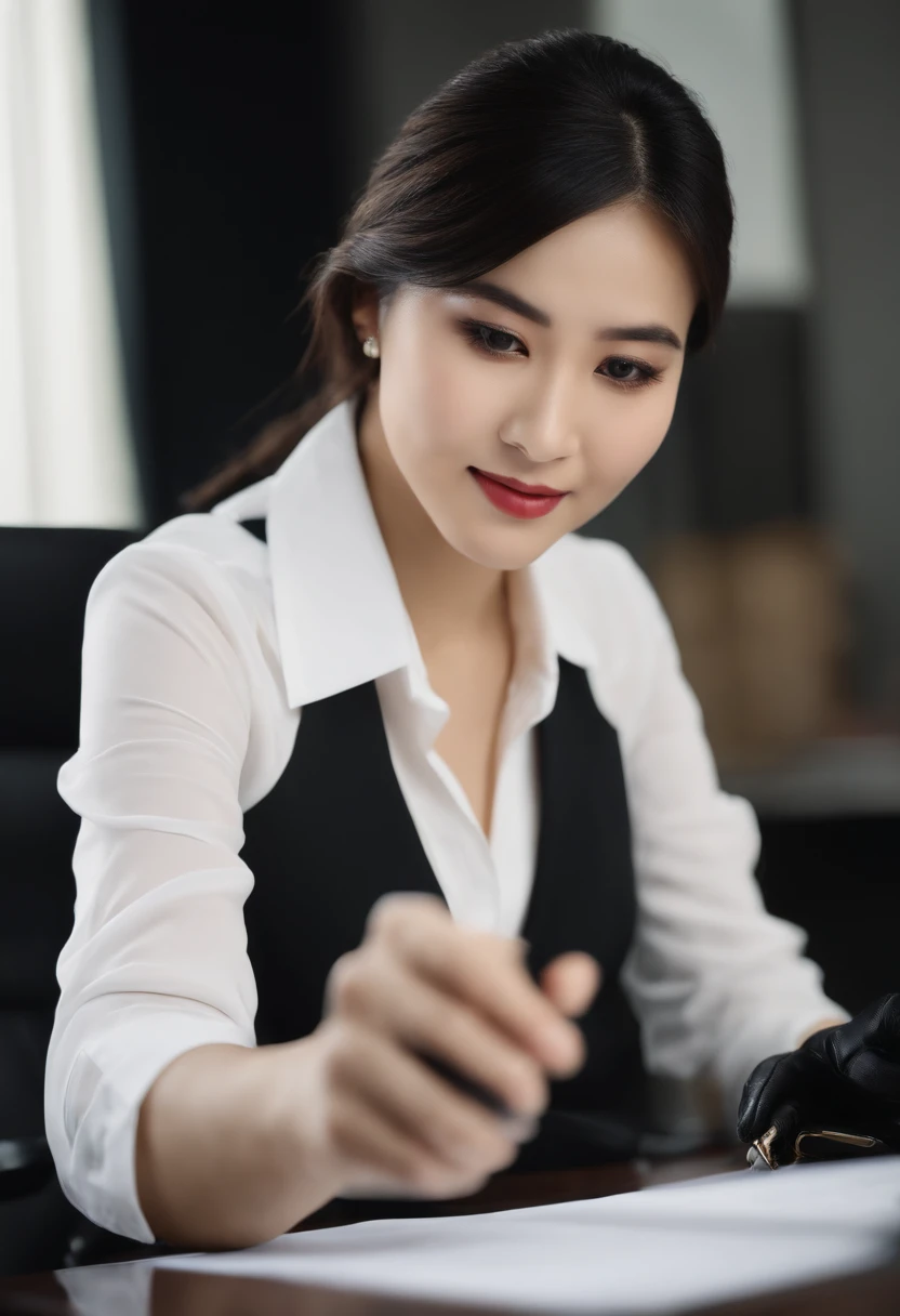 Wearing black leather gloves on both hands The upper part of the body Black Business Suit Towards the desk in the study in the dark、Look down and smile、Write a letter with a fountain pen long straight black hair Japan female new employee with young and very cute face (Black leather gloves cover both hands)
