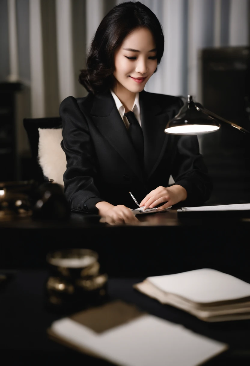 Wearing black leather gloves on both hands　The upper part of the body　Black Business Suit　Towards the desk in the study in the dark、Look down and smile、Write a letter with a fountain pen　long straight black hair　Japan female new employee with young and very cute face　(Black leather gloves cover both hands)