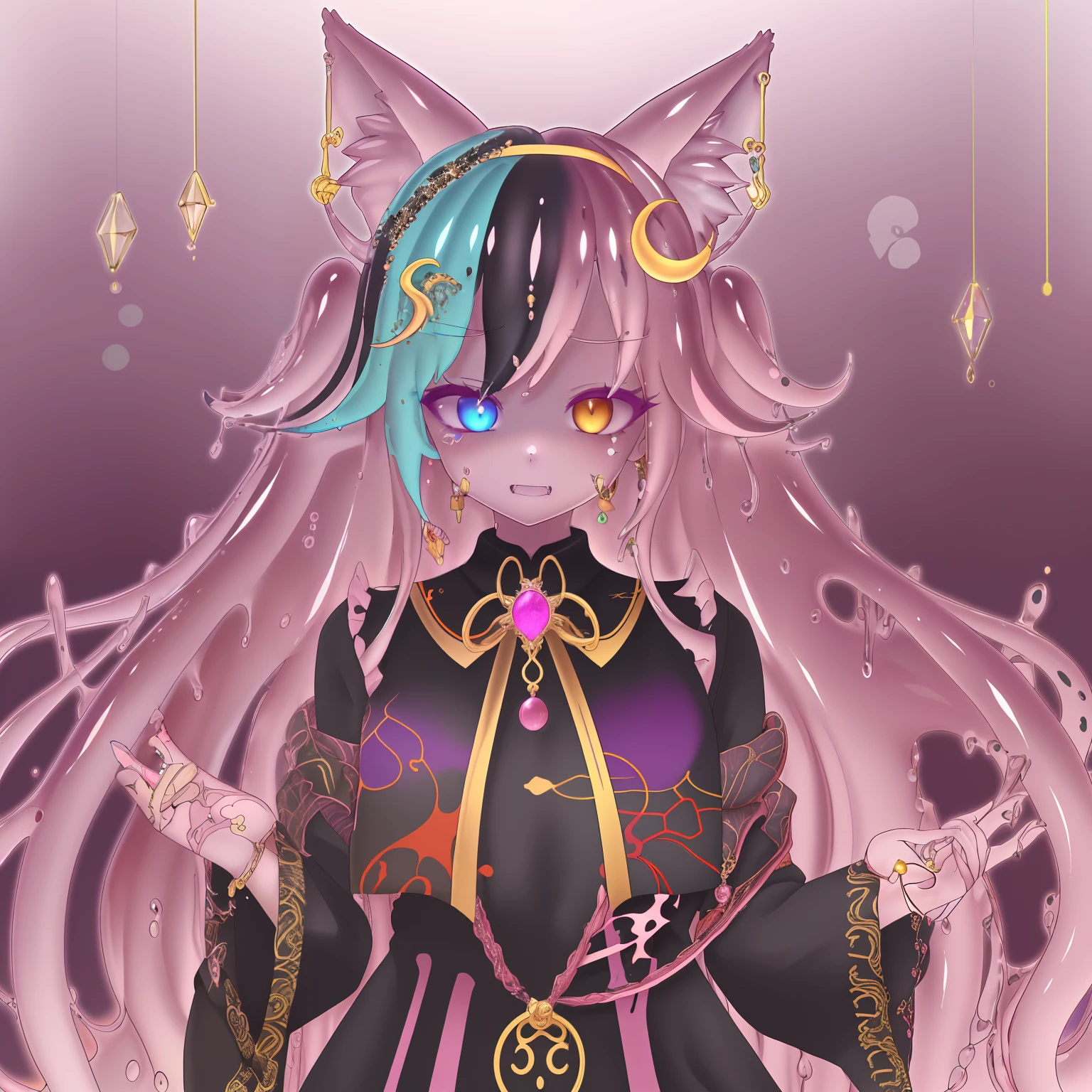 black hair, multicolored hair, curly hair, curtained hair, hair behind ear, long hair, messy hair, very long hair, wavy hair, hair two side up, crystal hair, cloud hair, tentacle hair, jewelry, bell, hair bell, fish hair ornament, jeweled branch of hourai, musical note hair ornament, skull hair ornament, snake hair ornament, dragon horns, whistle around neck, bone hair ornament, orange hairband, flower on head, pink hairband, leaf hair ornament, blue hairband, multicolored eyes, blank eyes, dilated pupils, x-shaped pupils, aqua eyes, glowing eyes, sparkling eyes, white eyes, red eyes, yellow eyes, sanpaku, purple eyes, heterochromia, ringed eyes, orange eyes, pink eyes, amber eyes, fox ears, crystal earrings, crescent earrings, cat ears, kemonomimi mode, ear blush, smile, upper teeth, ahegao, torogao, Surrealism, glowing light, sparkle, anime, Futurism, 8k, super detail, high quality, super detail, high details, best quality, 16k, highres, slime girl, slime,