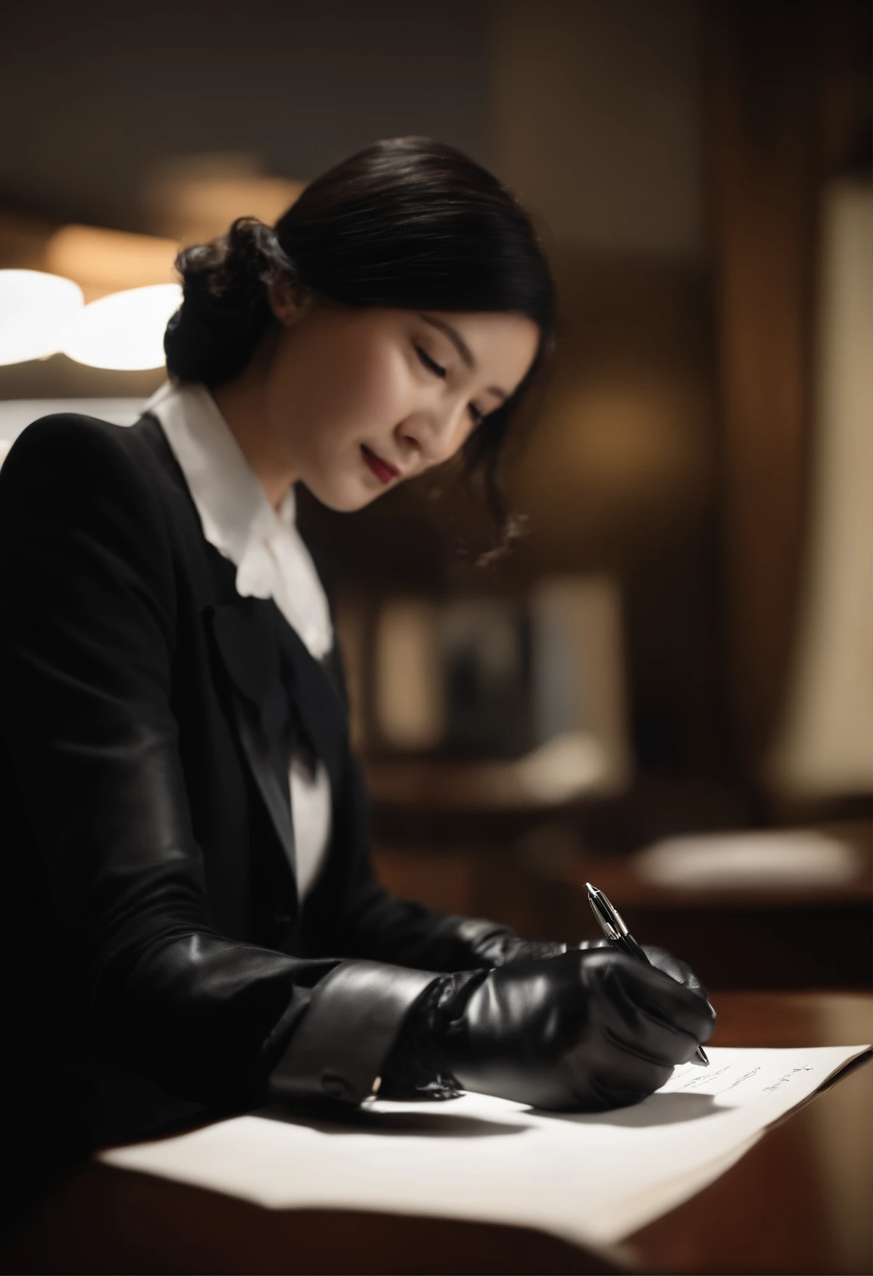 Wearing black leather gloves in both hands, upper body, black business suit, facing the desk in the modern study in the dark, looking down and smiling, writing a letter using a fountain pen, long straight black hair, young and very cute face Japanese female new employee (black leather gloves cover both hands)