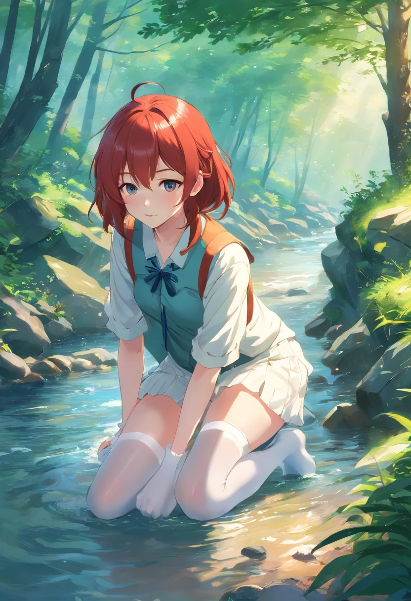 Wearing redheads，The clothes ar，River Fantasy，white stockings，444 Hz, Beautiful, Breathtaking, Highly detailed, 8K, Use, affectionate, Ultra photo realsisim, Scenery