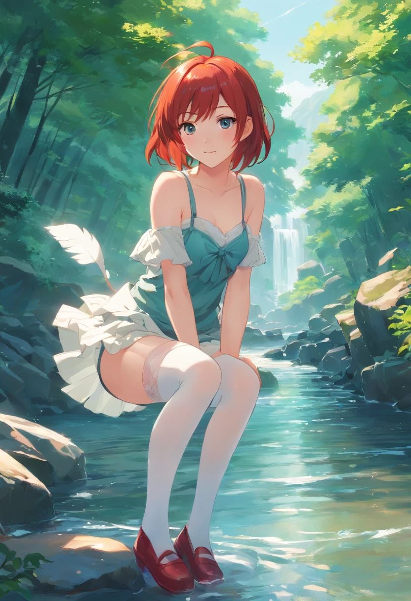 best quality, ultra-detailed masterpiece, nsfw, nino nakano, one-piece swimsuit, breasts, pantyhose, blush, smile, terrace, forest