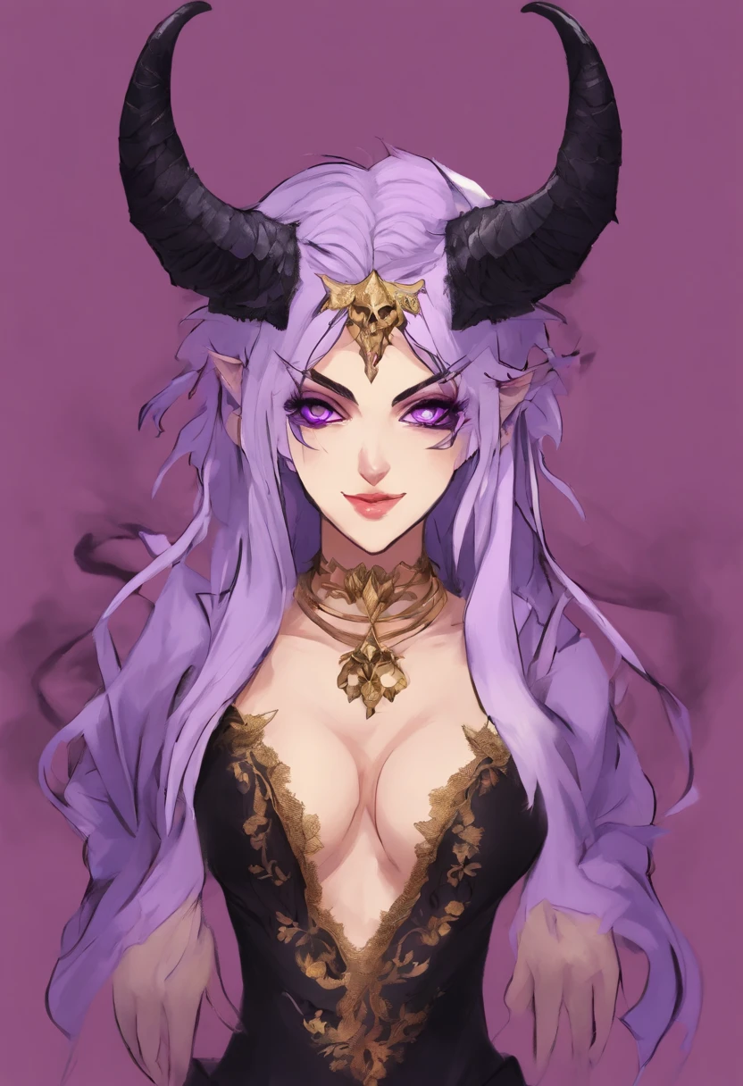 A devastatingly beautiful succubus, purple skin, black hair, golden eyes, black lingerie