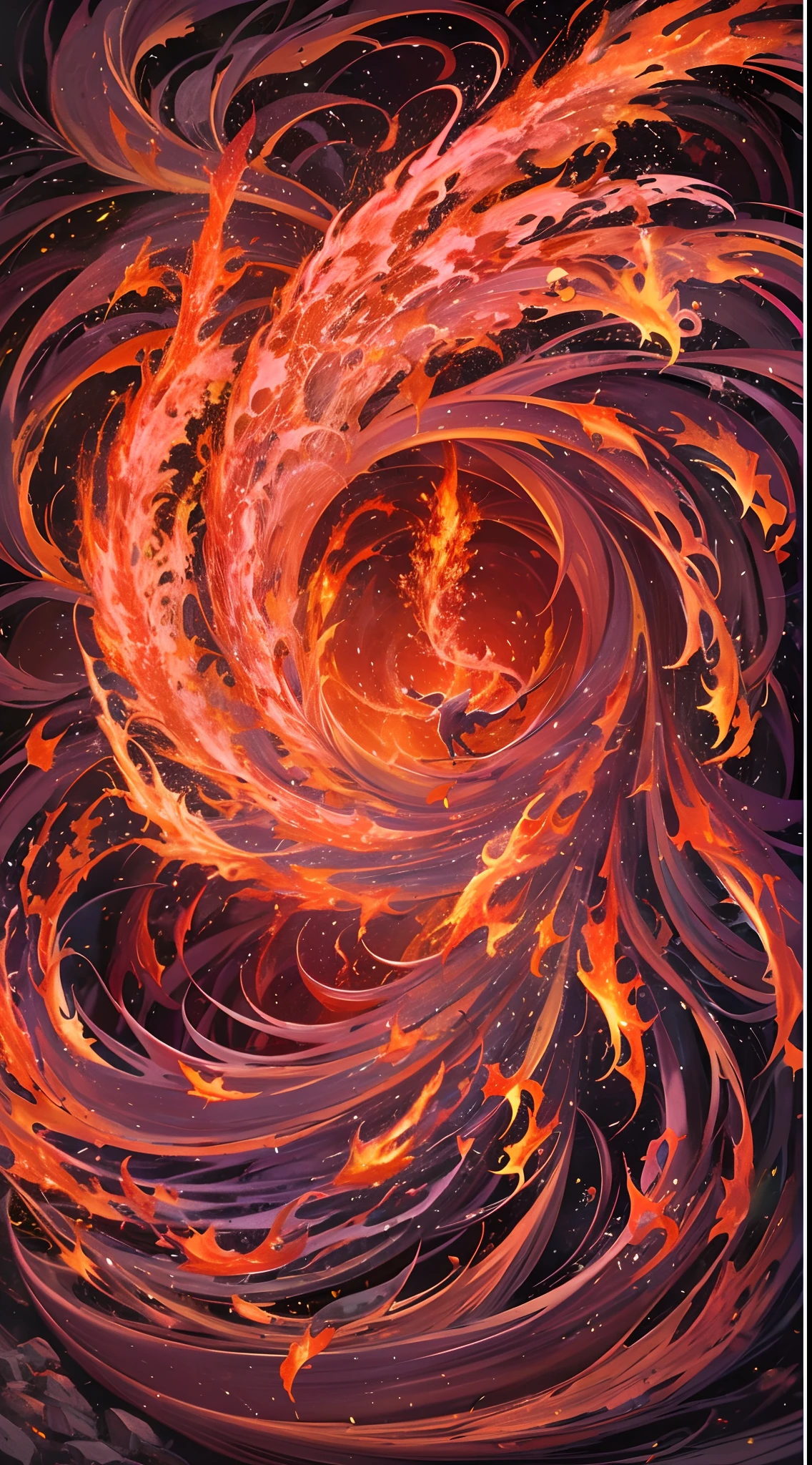 The flame came to life, Forms a majestic phoenix that temporarily soared before disappearing into a spark、fengxi,Flames swirling around spiral object on dark background, Surrounded by swirling flames, Vortex of flames, ''wallpaper of a phoenix, Vortex of firepower, artwork of a phoenix, Highly detailed fire tendrils, arcs of flame, ornate with fiery explosions