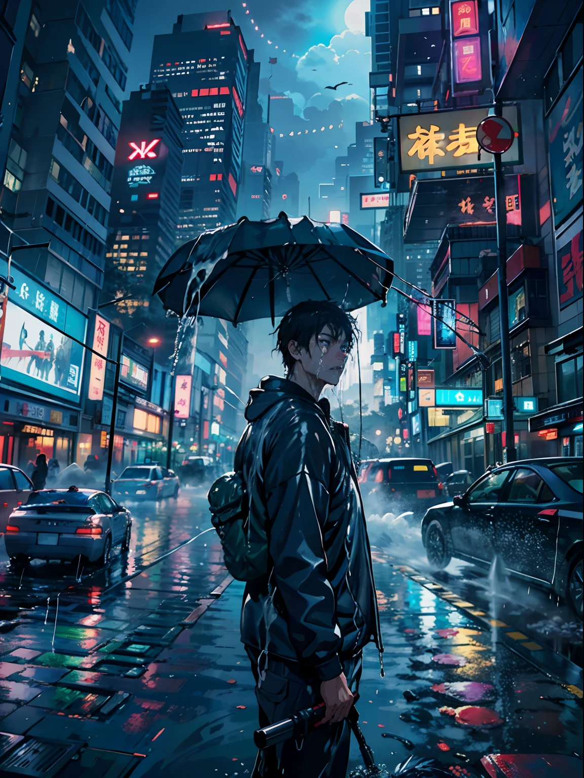 1boy, boy、Wet body、Cyberpunk Boy、katanas,machine gun、The beginning of the adventure、(drenching:2)、Lots of clouds,heavy fog、fog,Chaotic city of the future、Movie dystopia、A group of very tall skyscrapers stands in the center、Very complex cityscape,Crowded Chinese skyscrapers、street signs、streetlights、taxis、buses、Train、Blue lighting,Dark road、Lots of puddles、Chaotic、Beautiful and fantastic scenery、Cinematic scenery、hightquality、masutepiece,in 8K、hight resolution、
