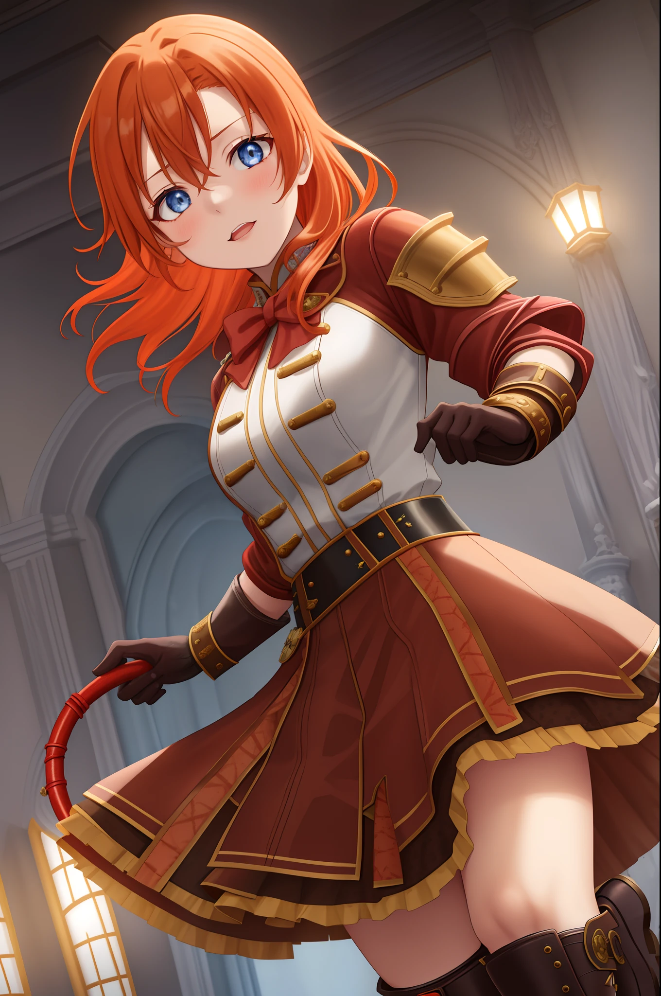 Kousaka honoka, orange hair down to her shoulders, somewhat messy ,
Blue eyes filled with resolve ,
Red headband on forehead ,
High-collared long blue coat with gold trim, buttons, and embroidery , Intricate leather armor pieces on ,
Coiled brown leather whip with metal tip ,
Knee-high brown leather boots ,
prepared stance ,
Gothic castle setting with candles and shadows ,
dramatic lighting