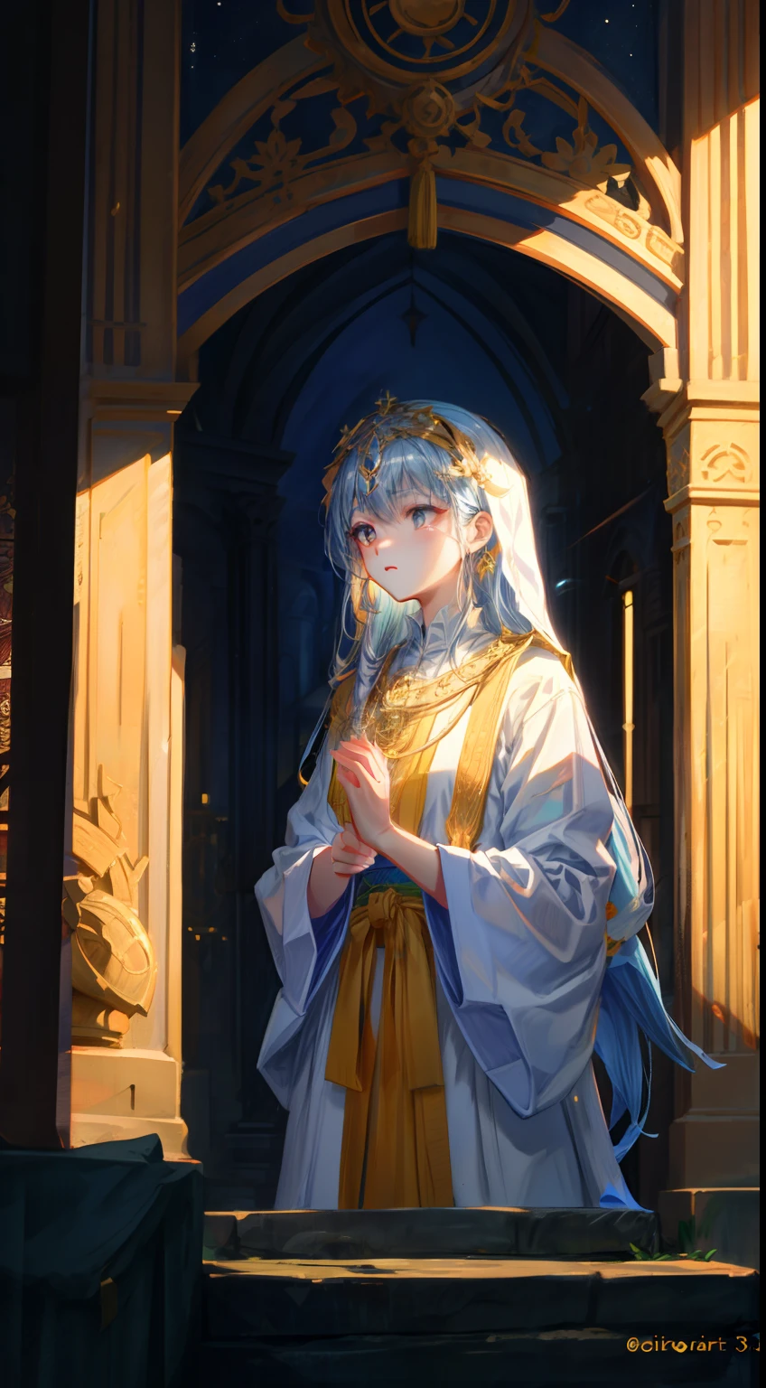 1 girl, upper body, single focus, wise beauty, hierophant attire, solemn demeanor, (sacred temple: 1.4), (spiritual guidance: 1.3), sacred features, wise aura, [depth of field, ambient lighting, sacred temple foreground, spiritual guidance in the background], The Hierophant, tradition, spiritual guidance, (blessing ceremony), (ancient symbols: 1.2), intricate details, enhanced lighting.