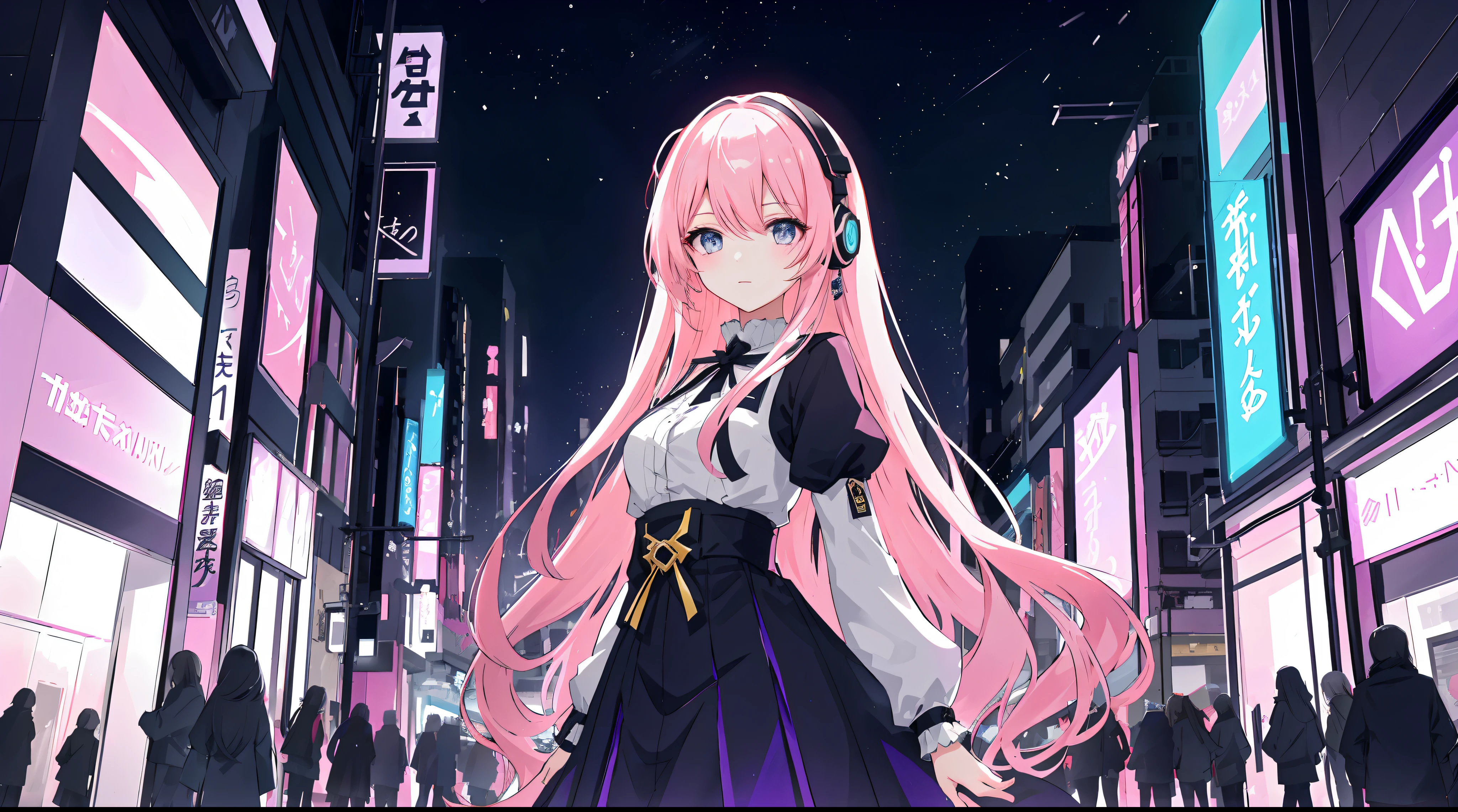 A captivating anime girl with lustrous, flowing hair and glowing blue headphones stands on a neon-lit street in the heart of Tokyo, surrounded by the bustling cityscape. The night sky above is painted with shades of purple, pink, and indigo, creating an enchanting and aesthetic backdrop. Captured in vibrant anime style with dynamic camera angles and vibrant colors, this scene exudes a sense of urban beauty and modernity.