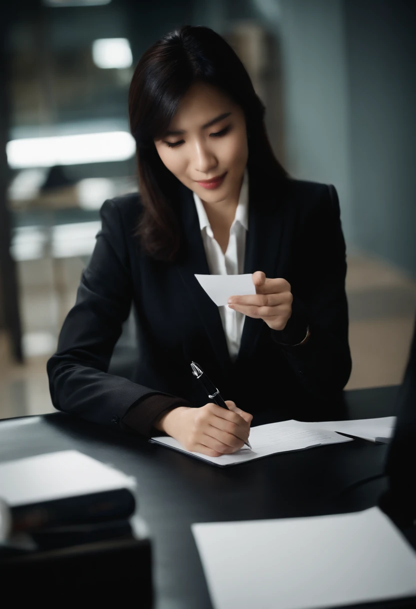 Wearing black leather gloves on both hands The upper part of the body Black Business Suit Towards the desk in the study in the dark、Look down and smile、Write a letter with a fountain pen long straight black hair Japan female new employee with young and very cute face (Black leather gloves cover both hands)