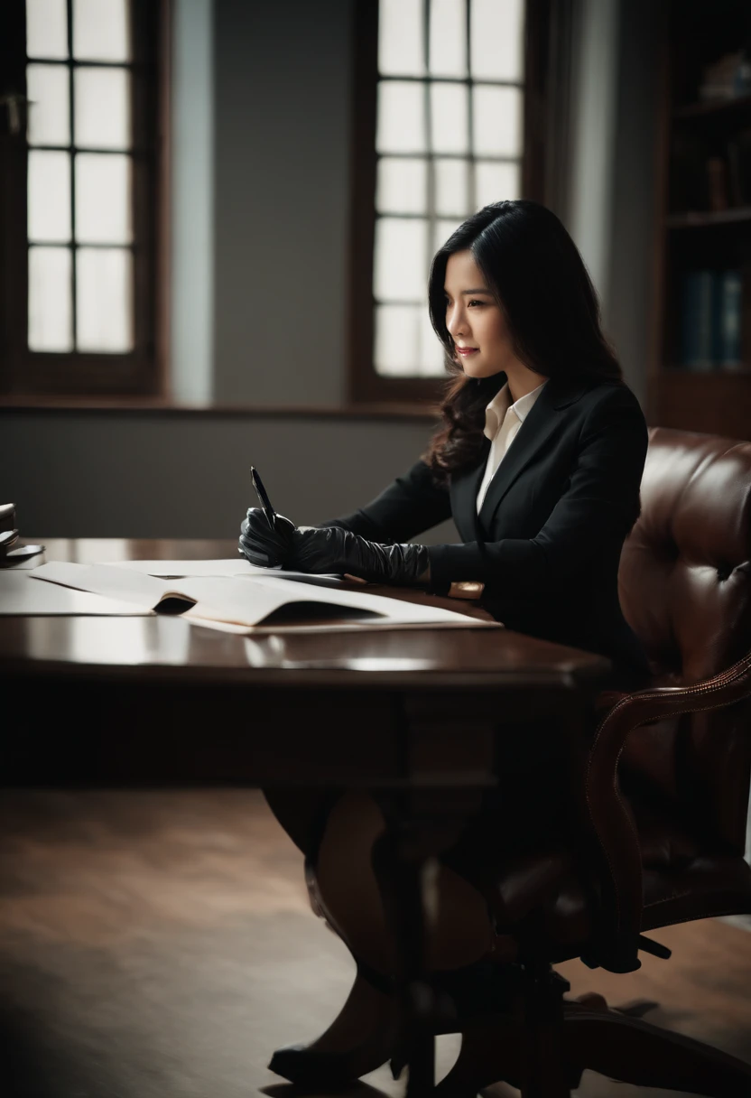 Wearing black leather gloves in both hands, upper body, black business suit, facing the desk in the modern study in the dark, looking down and smiling, writing a letter using a fountain pen, long, straight black hair, young and very cute Japanese female new employee (black leather gloves cover both hands)