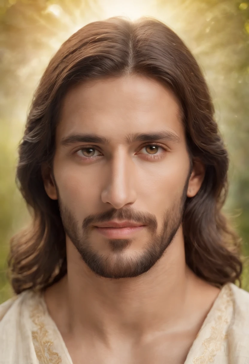 Descreva uma imagem de Jesus Cristo, emanating a divine aura and looking directly into the camera with a penetrating and compassionate gaze. The scene around him radiates a sense of serenity and transcendence, com cores suaves e uma atmosfera celestial. Highlight the details of the expression on your face, the sparkle in your eyes and the sense of peace and grace that your presence radiates in this sacred moment