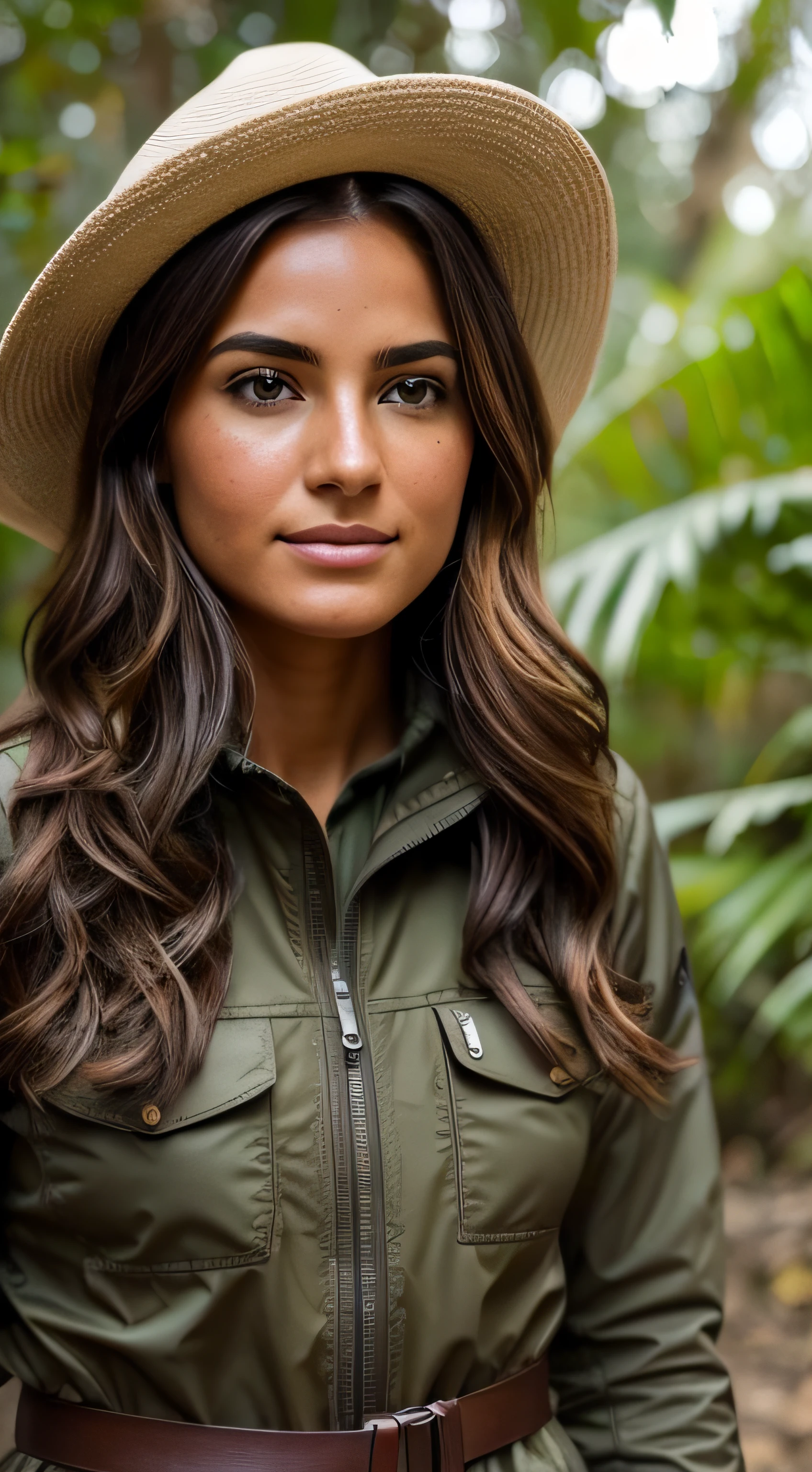 (La mejor calidad,4k,8k,Altas Resoluciones,obra maestra:1.2),ultra detallado,(realista,fotorrealista,fotorrealista:1.37),Mujer de mediana edad,Traje de explorador,Cara y cuerpo completamente detallados,mirada penetrante,in front of camera,serious expression,pose aventurera,ojos cautivadores,Wavy brown hair with shine and volume,Piel besada por el sol con brillo natural,weak freckles on the cheeks,defined cheekbones,Sonrisa sutil con confianza,Expressive eyes with long eyelashes,labios con un toque de rojo,Cejas bien cuidadas,ojos marrones brillando con curiosidad,Sombrero explorador y binoculares a su lado,Un mapa en la mano,Boots suitable for an expedition to the jungle,Chaleco Khaki Explorer con bolsillos,Explorer equipment such as rope and compass,Dynamic lighting with soft natural sunlight illuminates the scene,colores ricos y vibrantes para dar vida a la imagen,A touch of warm tones to enhance the adventurous atmosphere,Subtle shadows and highlights to add depth and dimension,Meticulous attention to detail to make the image highly realistic,The feeling of anticipation and excitement for new discoveries and adventures,The spirit of exploration captured in a single frame,Beautifully blended background with lush green foliage and exotic plants,creating a sense of mystery and wonder in the viewer's imagination.